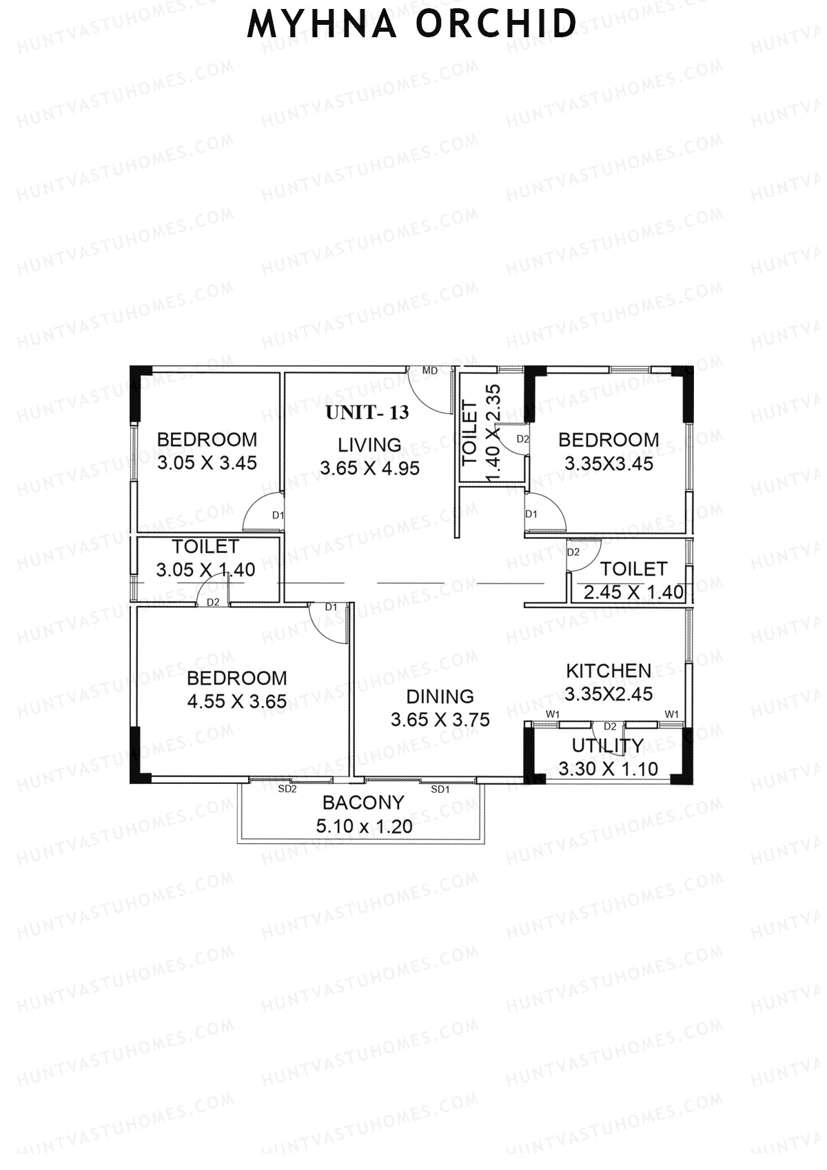 Myhna Orchid, Block 2, Unit 13, 3BHK, Carpet Area 1170   sq ft 