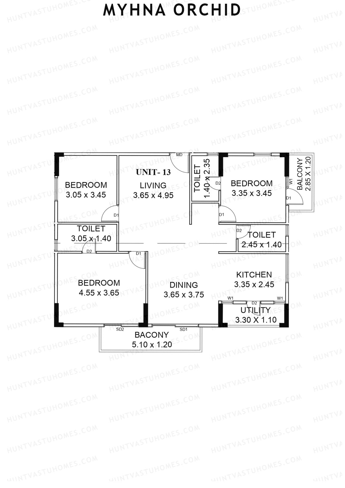 Myhna Orchid, Block 2, Unit 13, 3BHK, Carpet Area 1170   sq ft 
