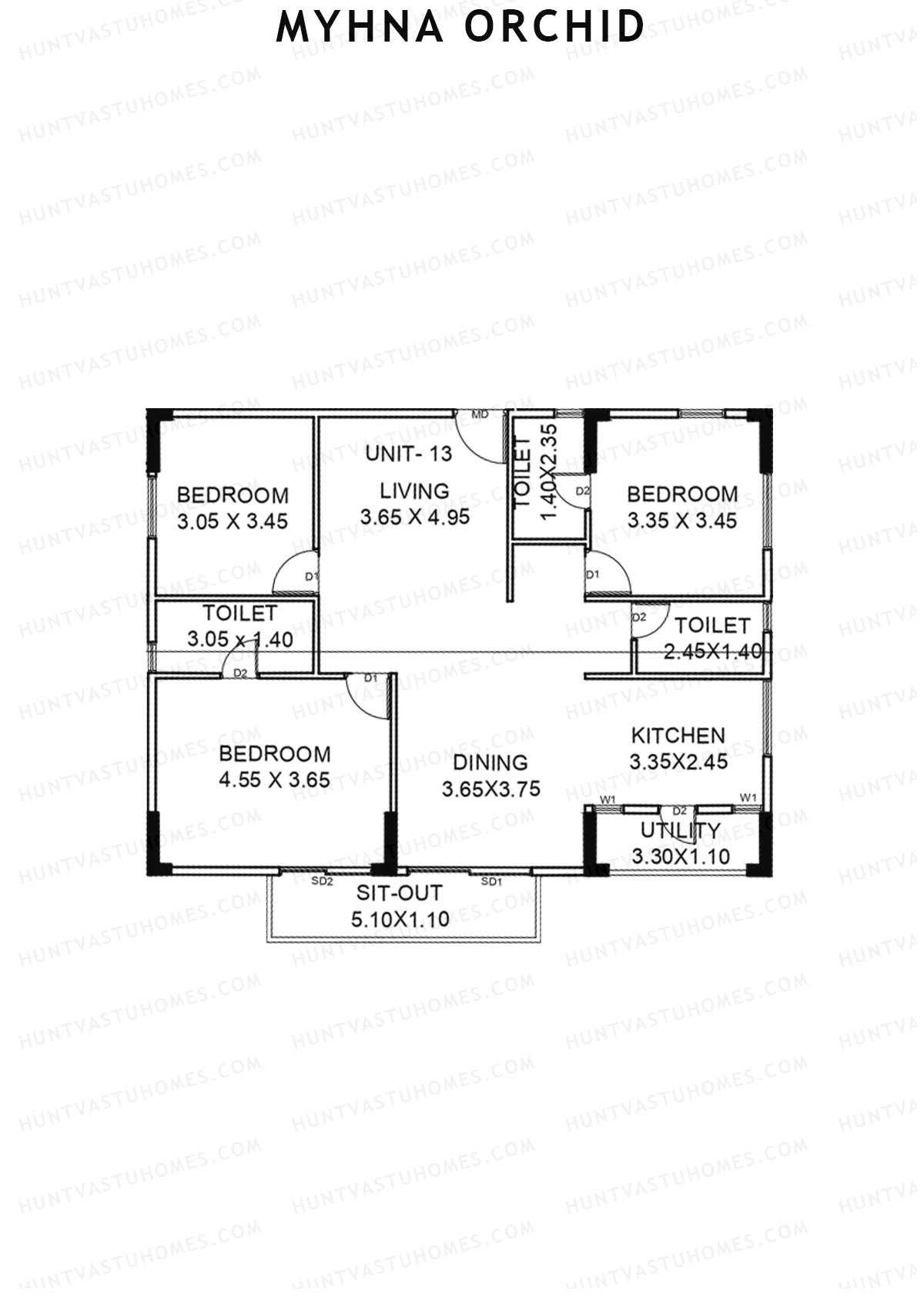 Myhna Orchid, Block 2, Unit 13, 3BHK, Carpet Area 1232   sq ft 