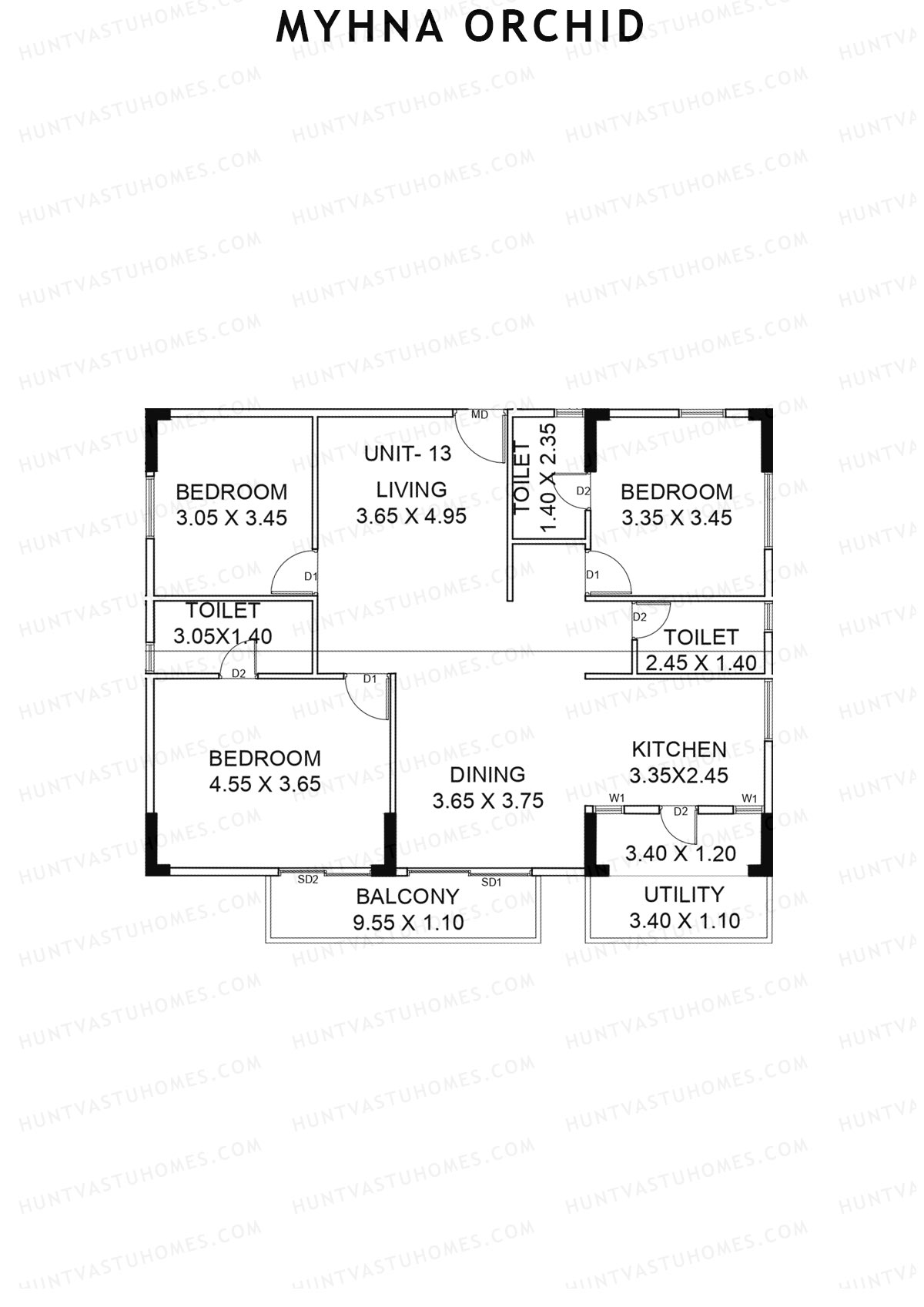 Myhna Orchid, Block 2, Unit 13, 3BHK, Carpet Area 1238   sq ft 