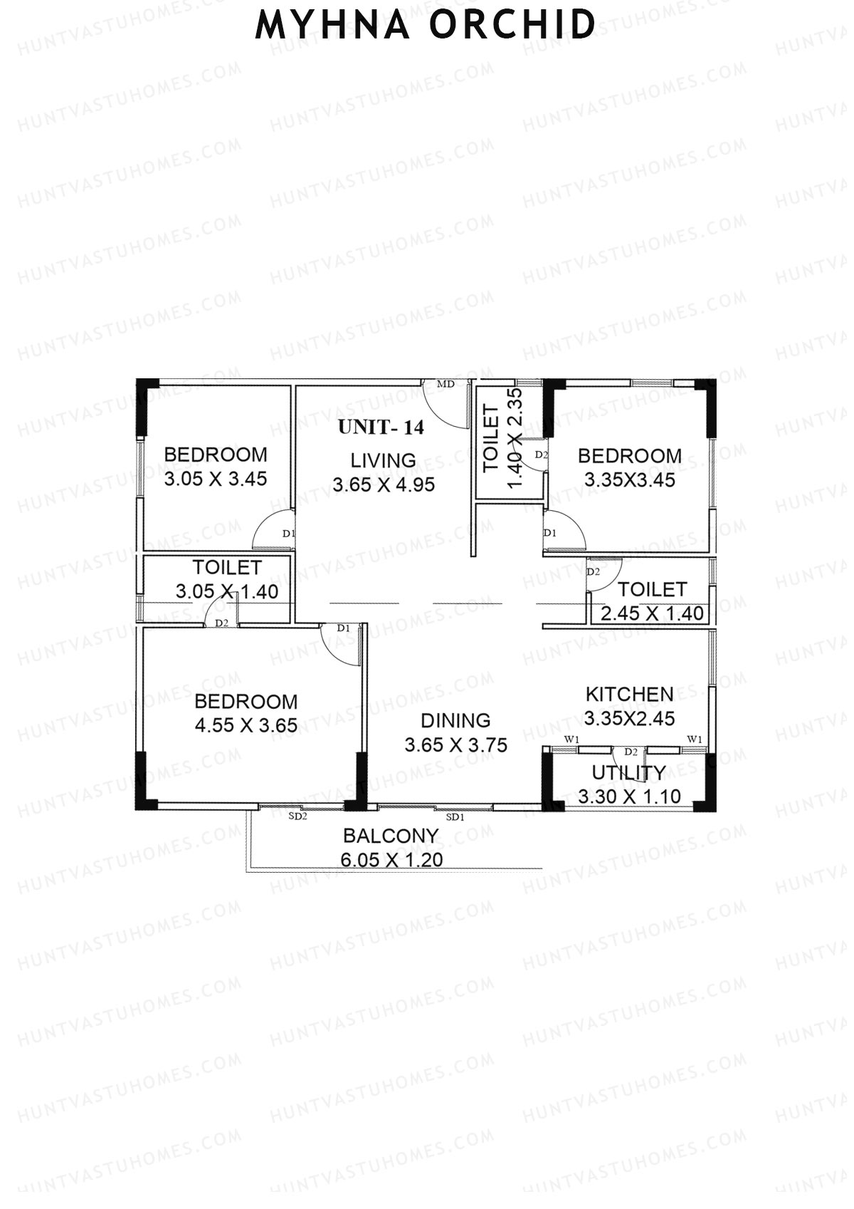 Myhna Orchid, Block 2, Unit 14, 3BHK, Carpet Area 1169   sq ft 