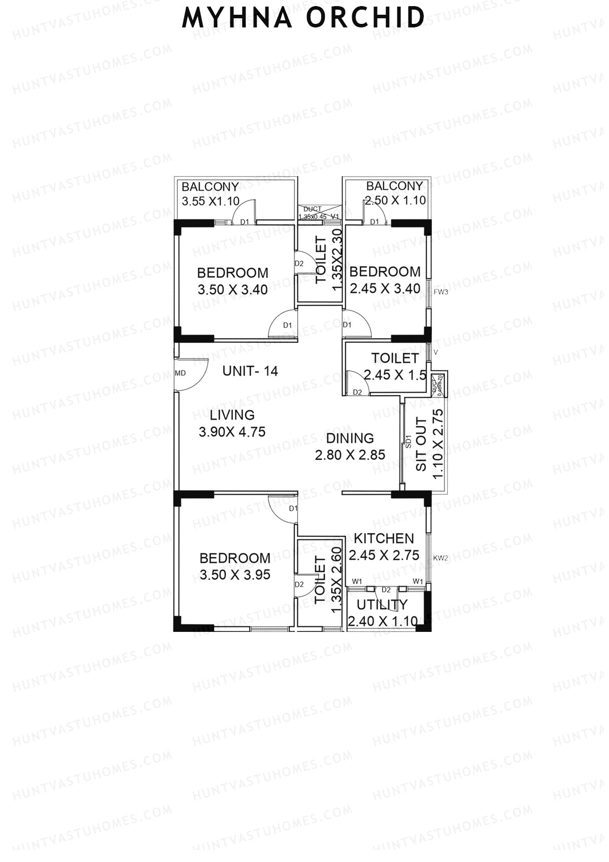 Myhna Orchid, Block 2, Unit 14, 3BHK, Carpet Area 1044   sq ft 