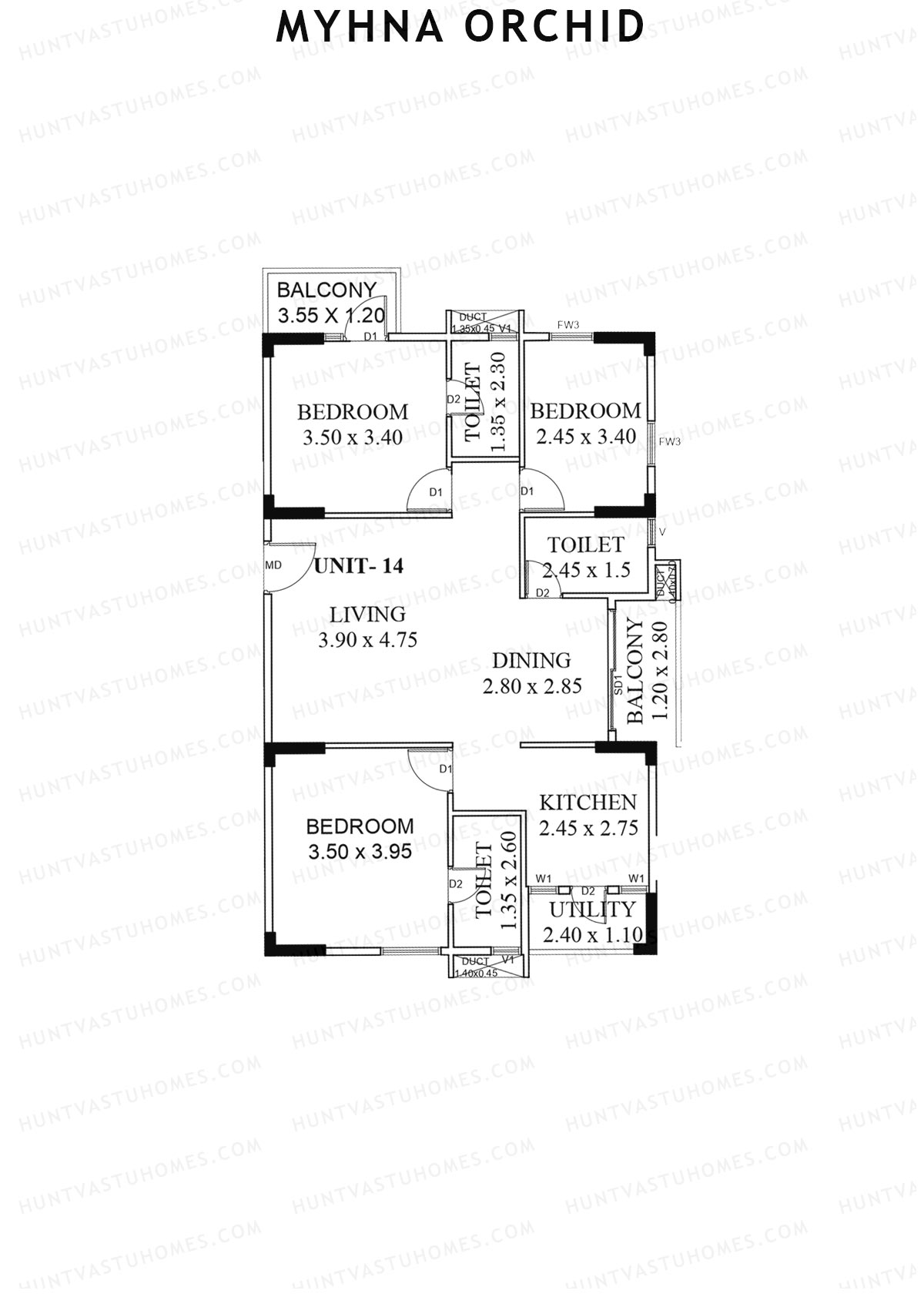 Myhna Orchid, Block 2, Unit 14, 3BHK, Carpet Area 1046   sq ft 