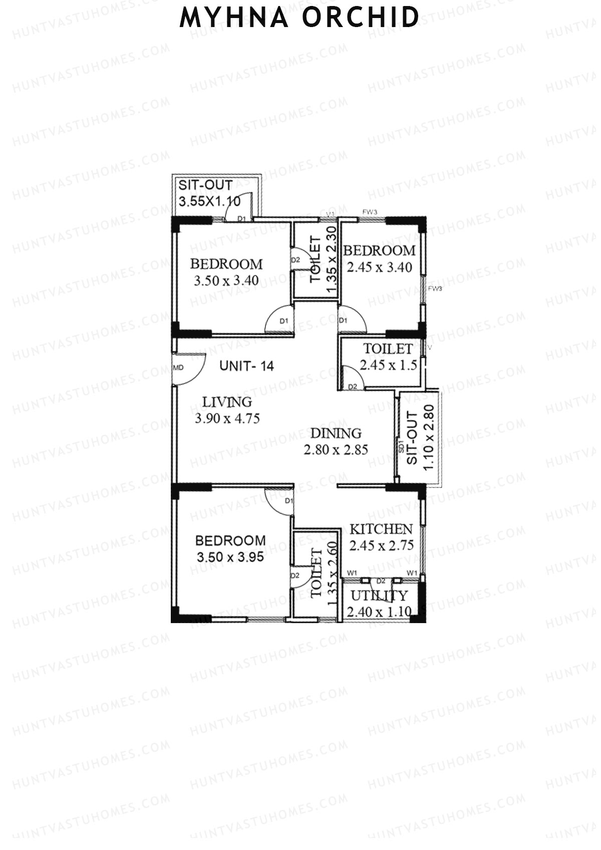 Myhna Orchid, Block 2, Unit 14, 3BHK, Carpet Area 1083   sq ft 