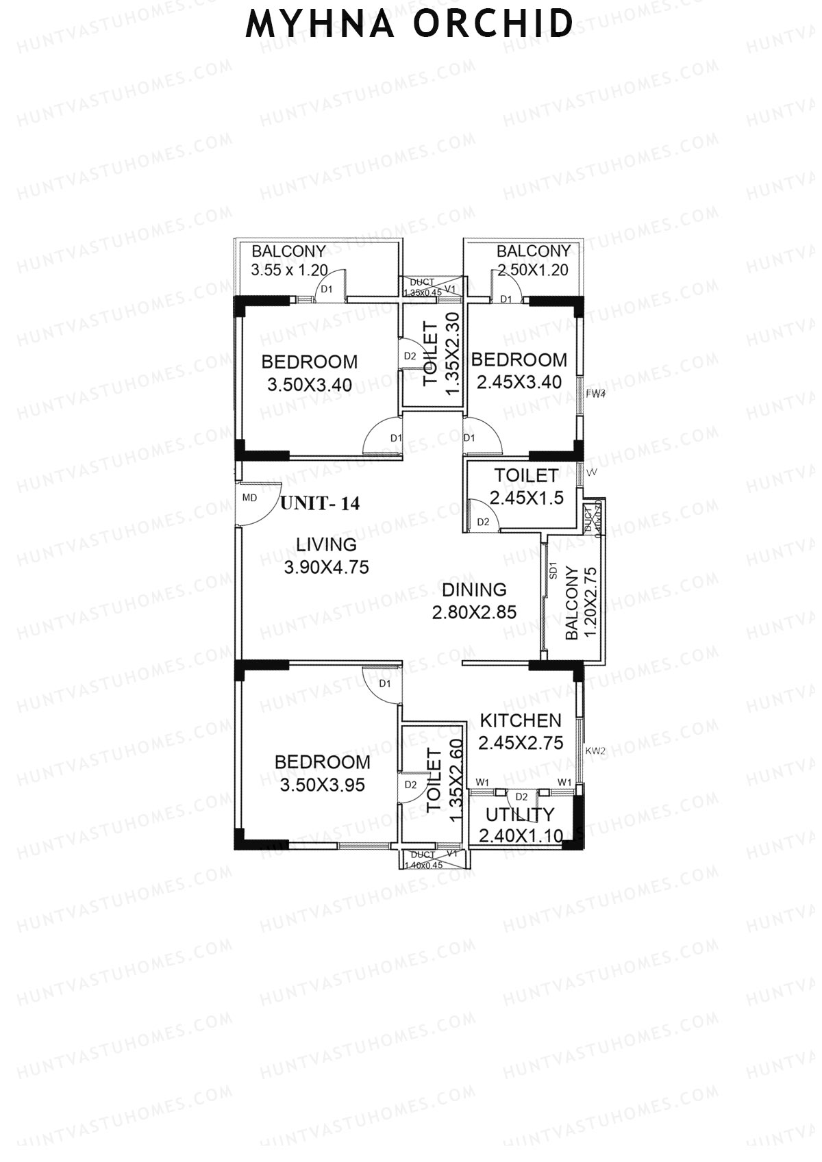 Myhna Orchid, Block 2, Unit 14, 3BHK, Carpet Area 1085   sq ft 