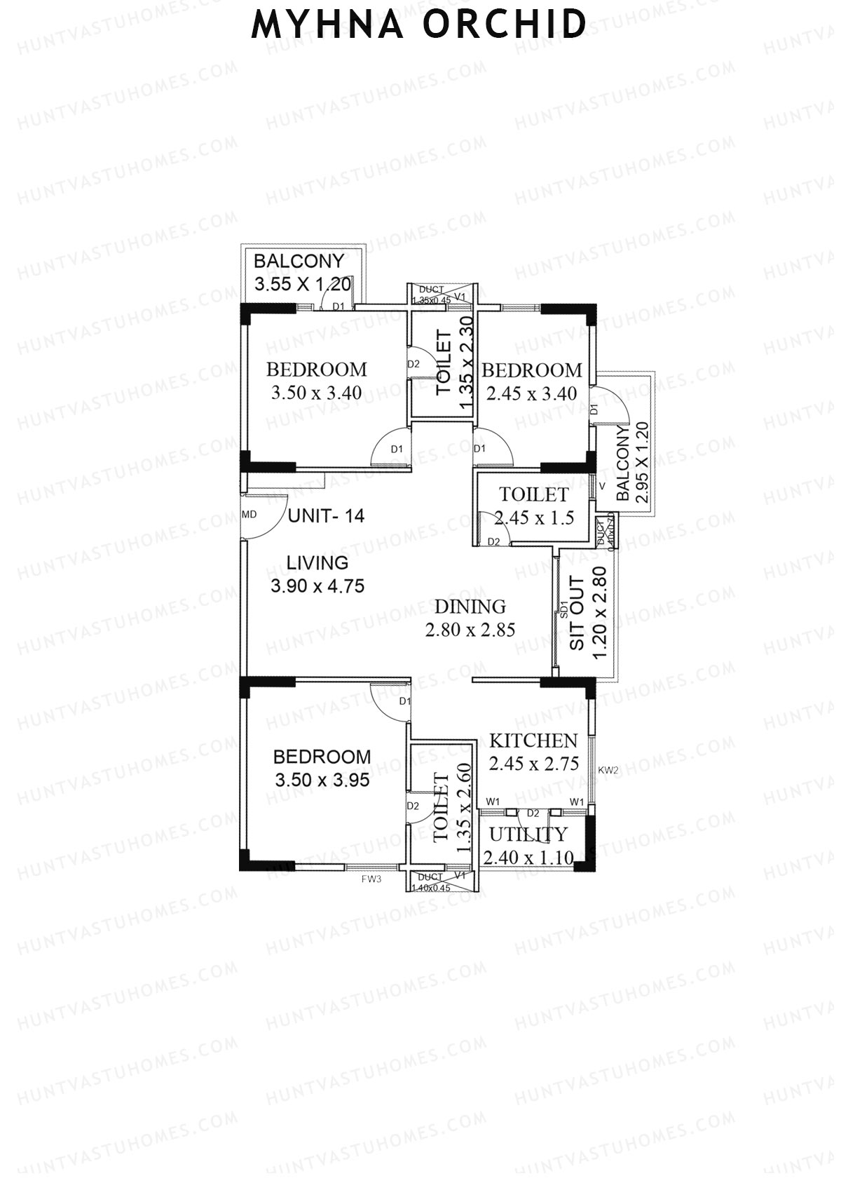 Myhna Orchid, Block 2, Unit 14, 3BHK, Carpet Area 1086   sq ft 