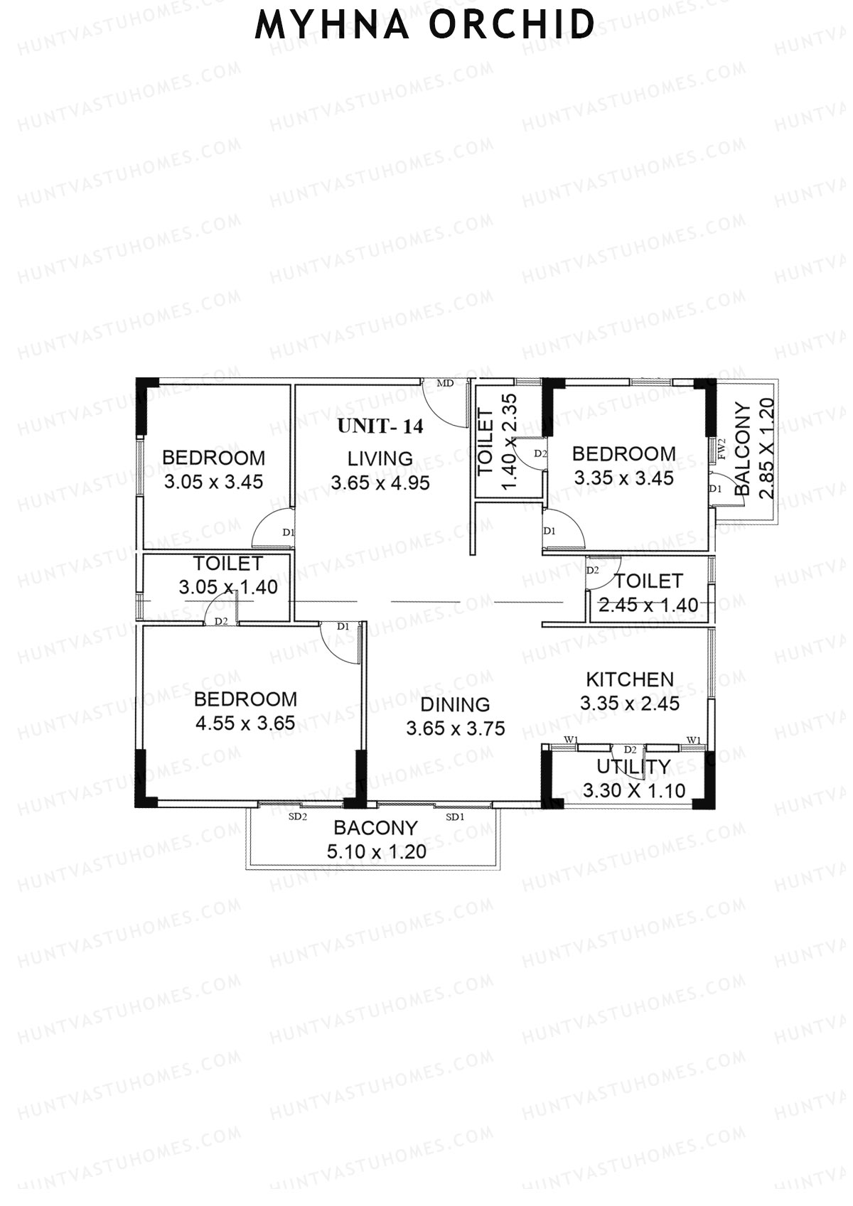 Myhna Orchid, Block 2, Unit 14, 3BHK, Carpet Area 1169   sq ft 