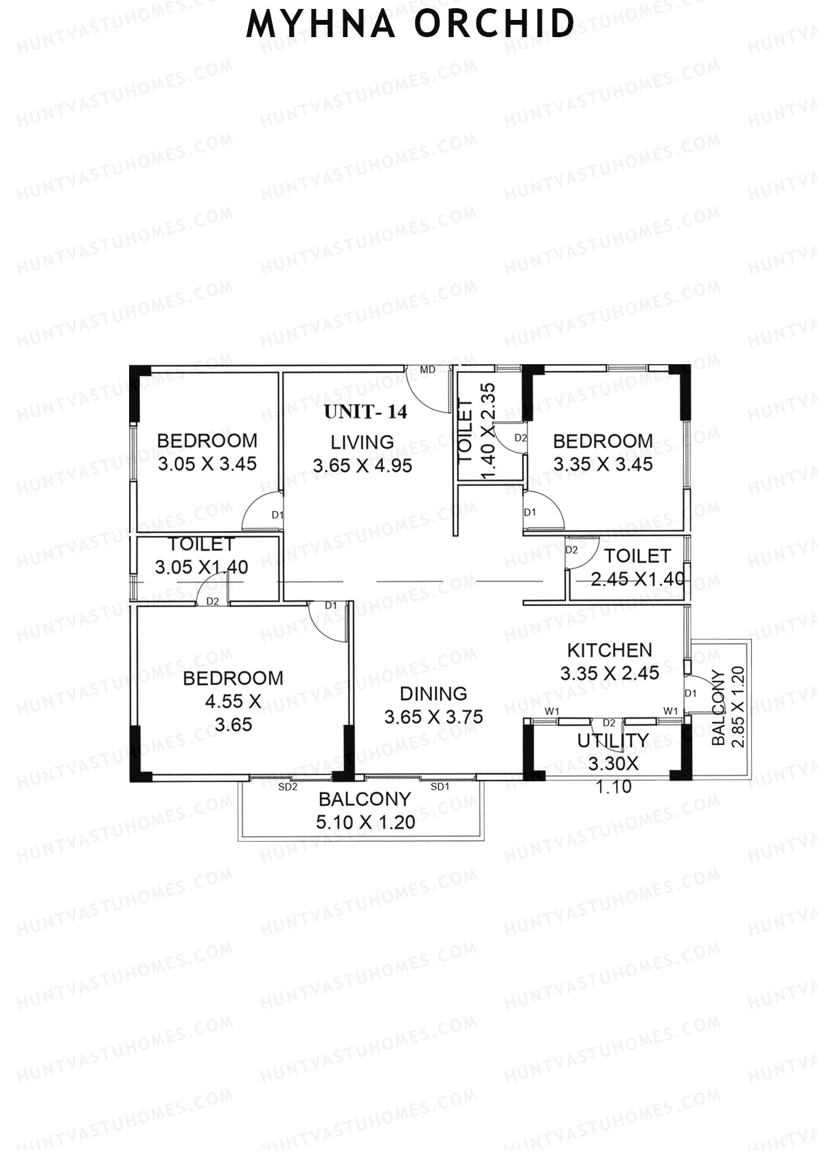 Myhna Orchid, Block 2, Unit 14, 3BHK, Carpet Area 1244   sq ft 