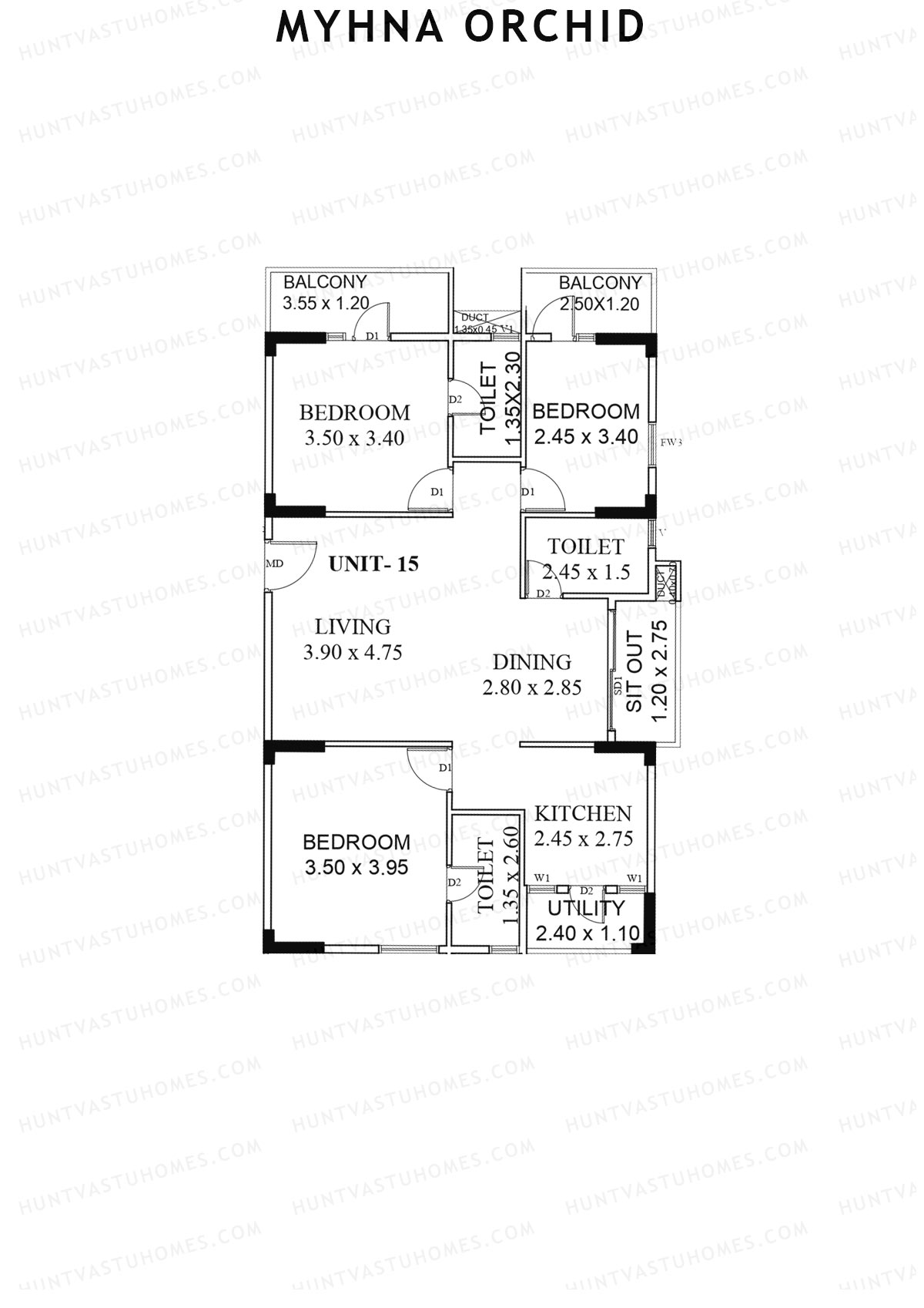 Myhna Orchid, Block 2, Unit 15, 3BHK, Carpet Area 1083   sq ft 