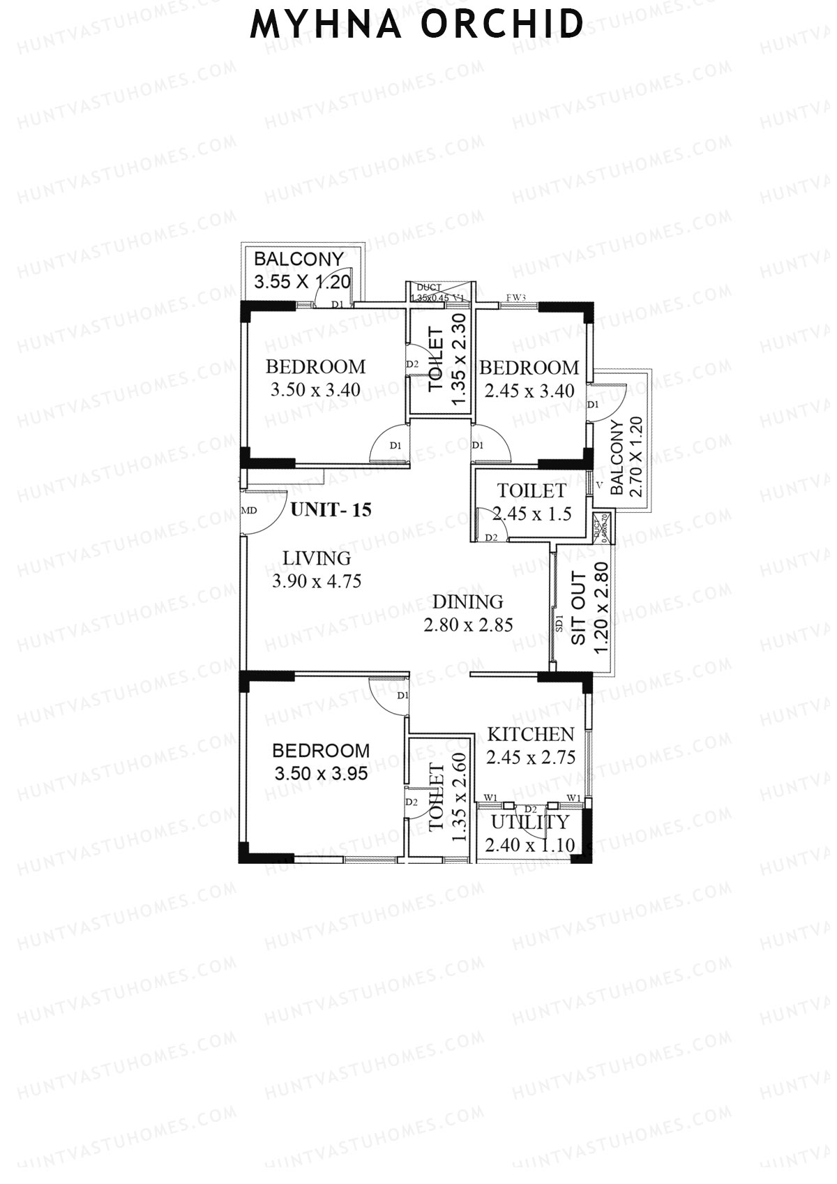 Myhna Orchid, Block 2, Unit 15, 3BHK, Carpet Area 1086   sq ft 