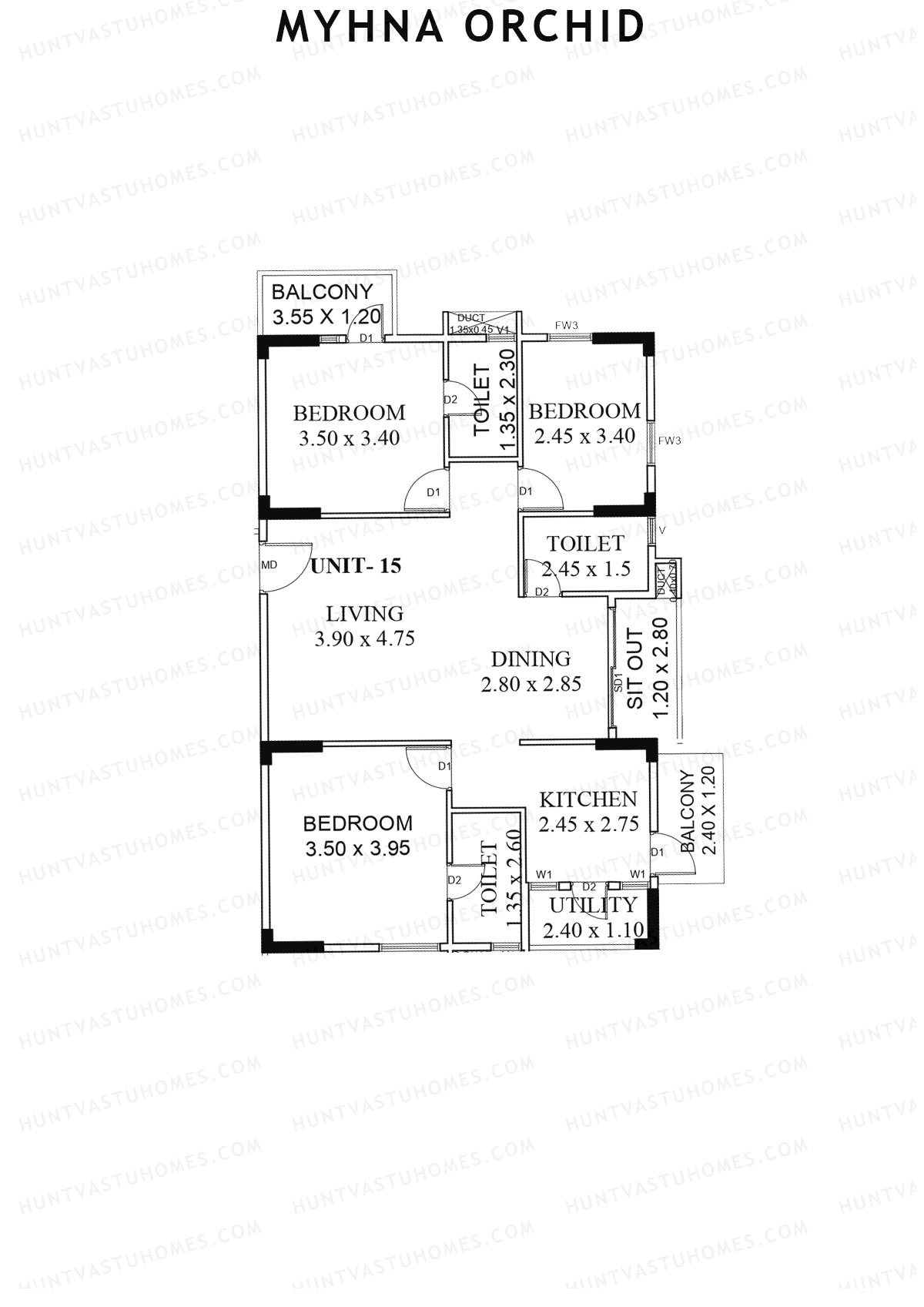 Myhna Orchid, Block 2, Unit 15, 3BHK, Carpet Area 1119   sq ft 