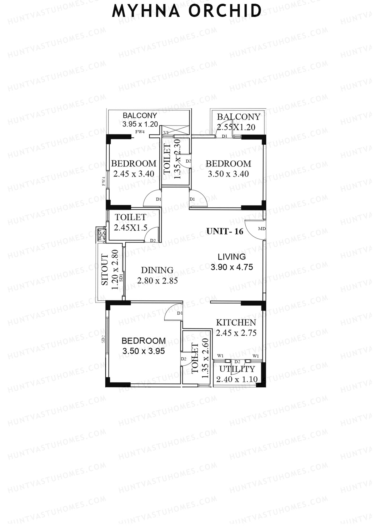 Myhna Orchid, Block 2, Unit 16, 3BHK, Carpet Area 1090   sq ft 