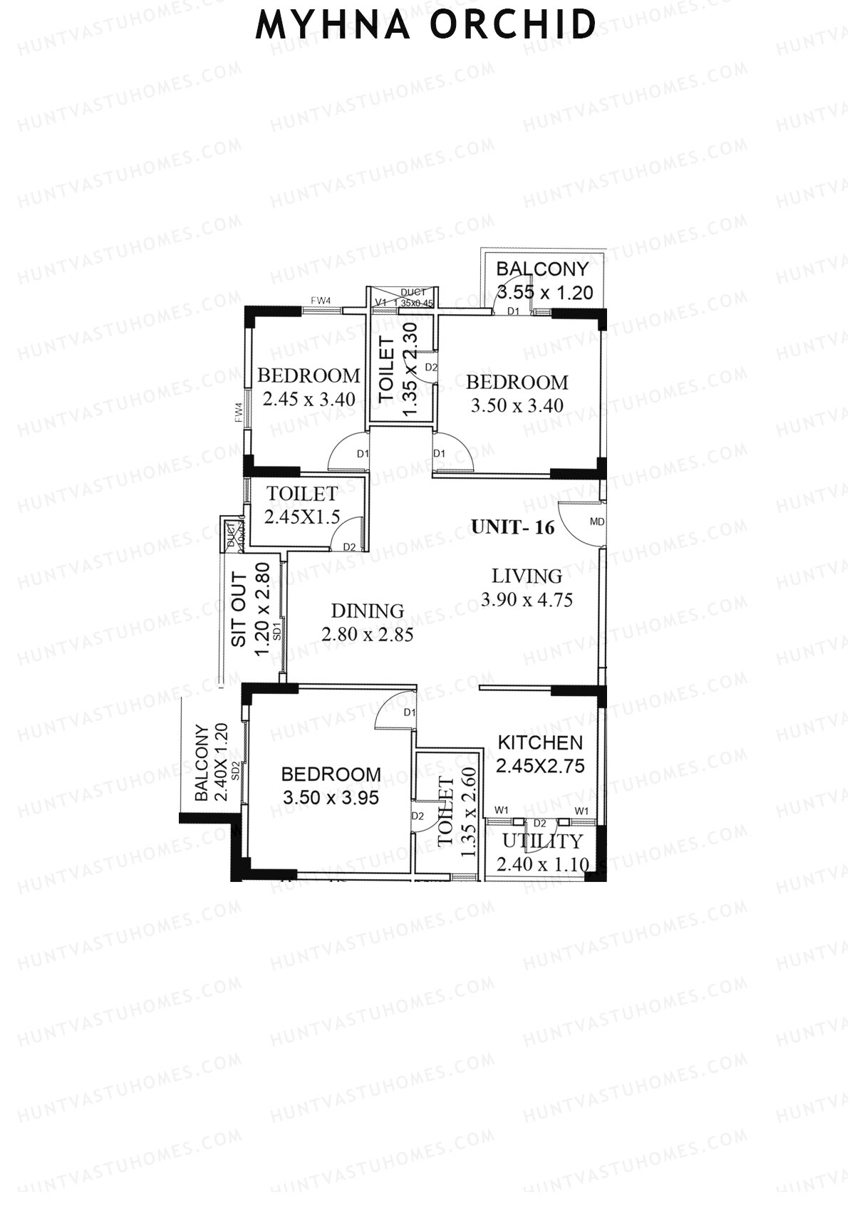 Myhna Orchid, Block 2, Unit 16, 3BHK, Carpet Area 1093   sq ft 