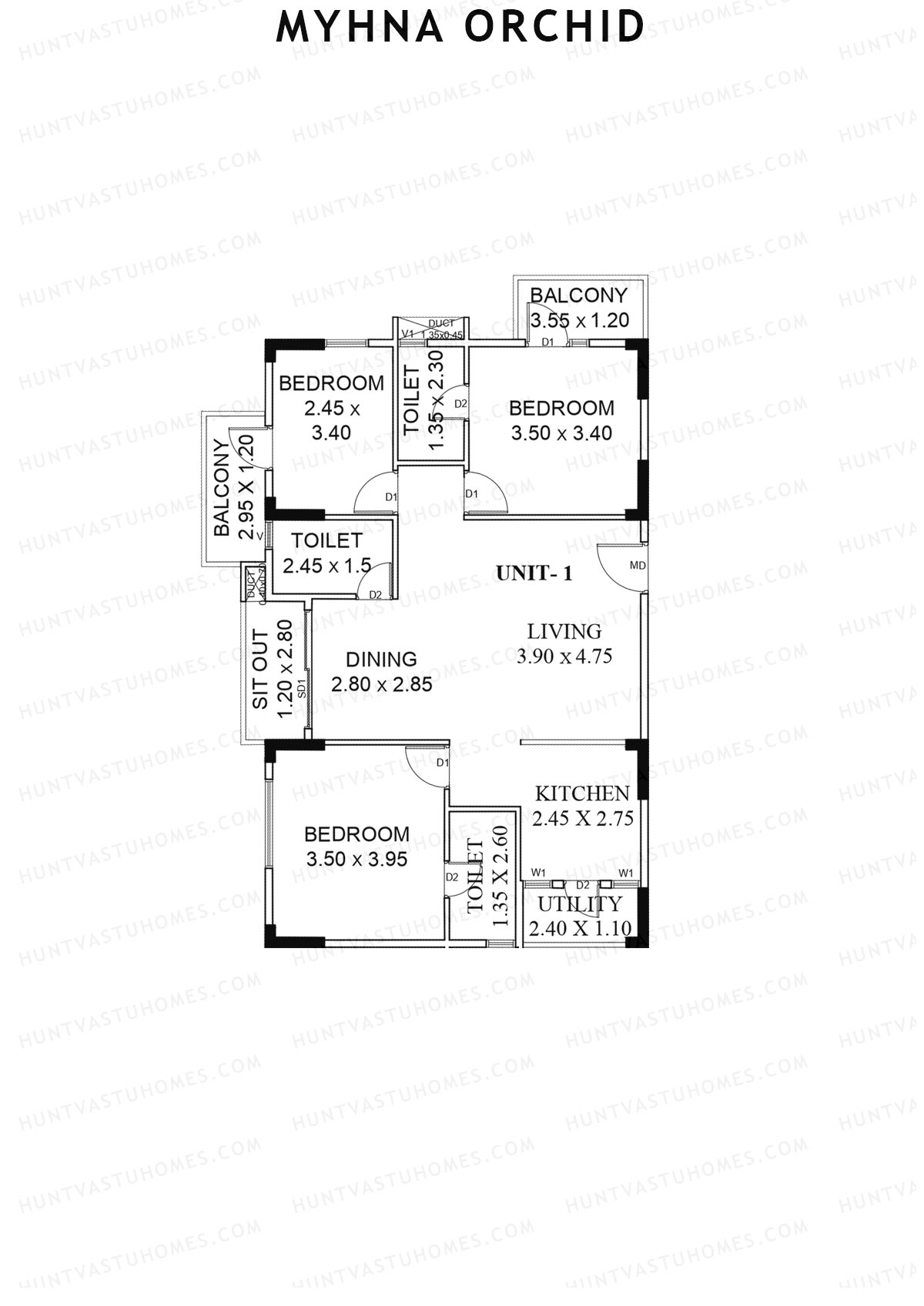 Myhna Orchid, Block 2, Unit 1, 3BHK, Carpet Area 993   sq ft 