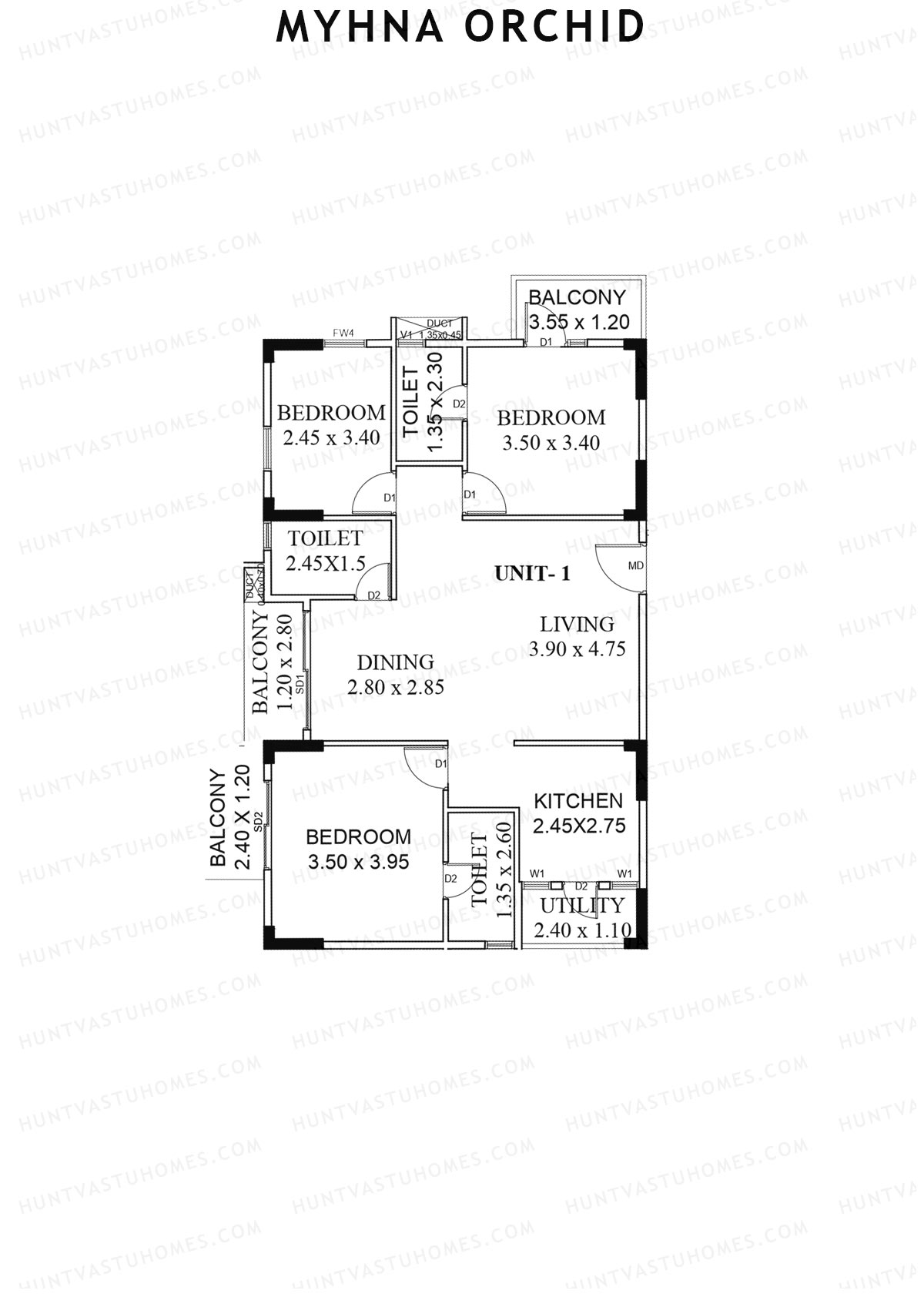 Myhna Orchid, Block 2, Unit 1, 3BHK, Carpet Area 993   sq ft 