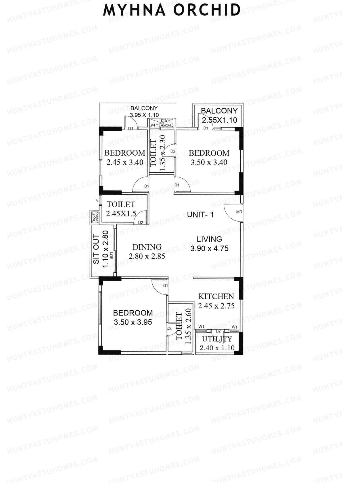 Myhna Orchid, Block 2, Unit 1, 3BHK, Carpet Area 1017   sq ft 