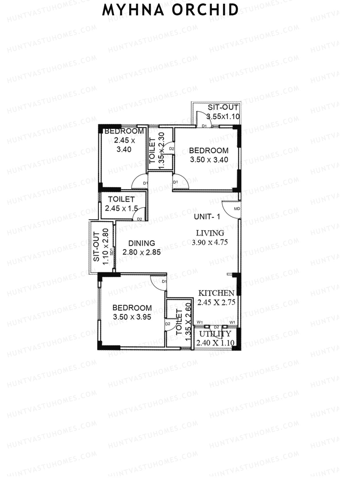 Myhna Orchid, Block 2, Unit 1, 3BHK, Carpet Area 1023   sq ft 