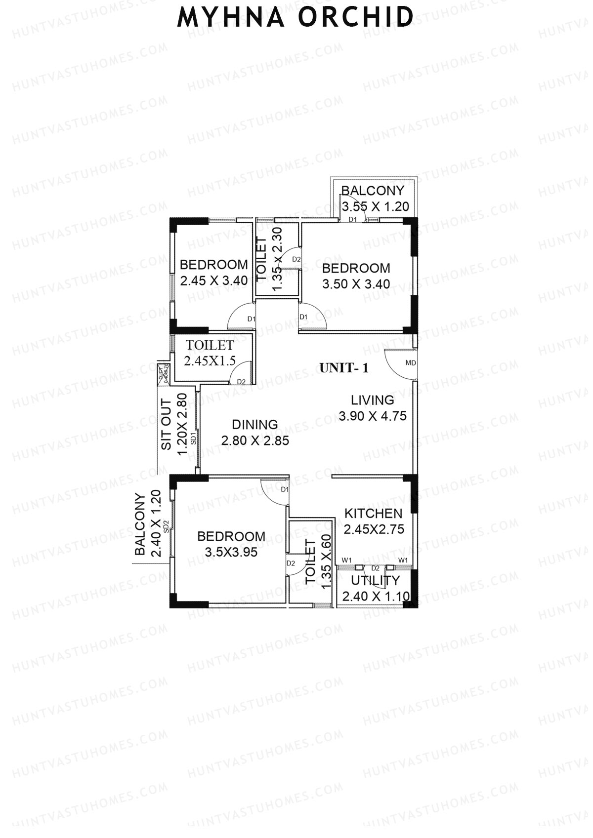Myhna Orchid, Block 2, Unit 1, 3BHK, Carpet Area 1025   sq ft 