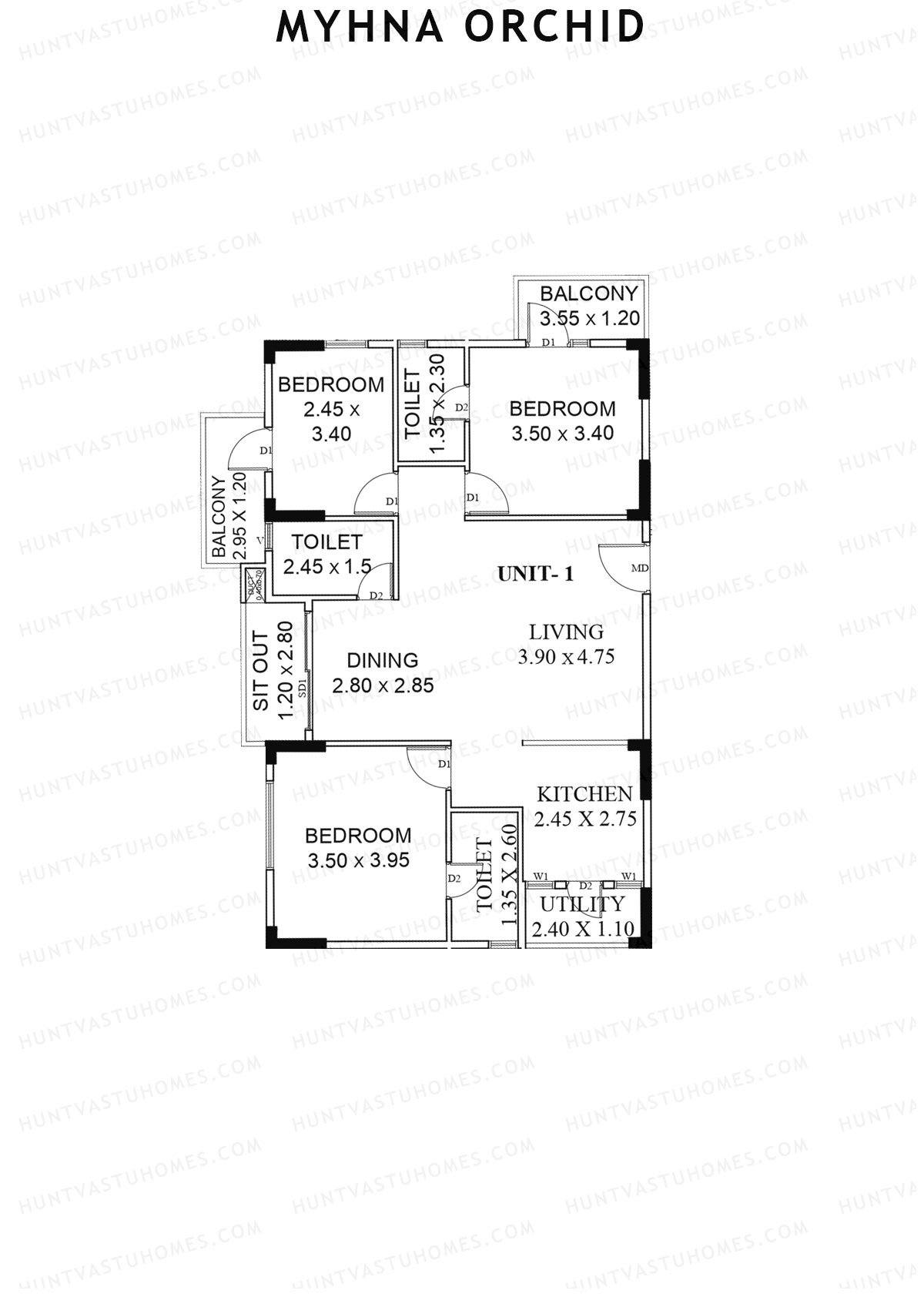 Myhna Orchid, Block 2, Unit 1, 3BHK, Carpet Area 987   sq ft 