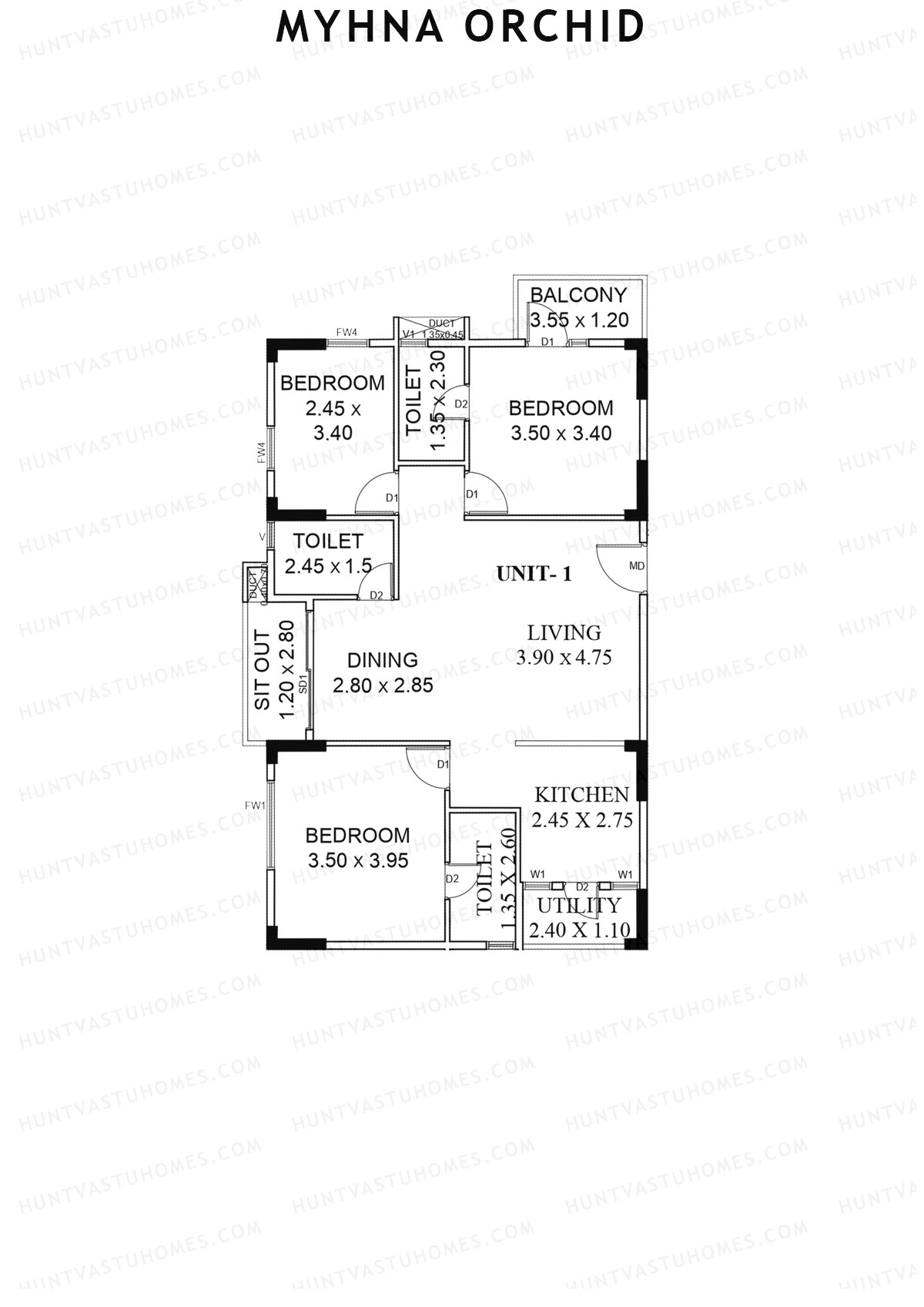 Myhna Orchid, Block 2, Unit 1, 3BHK, Carpet Area 992   sq ft 