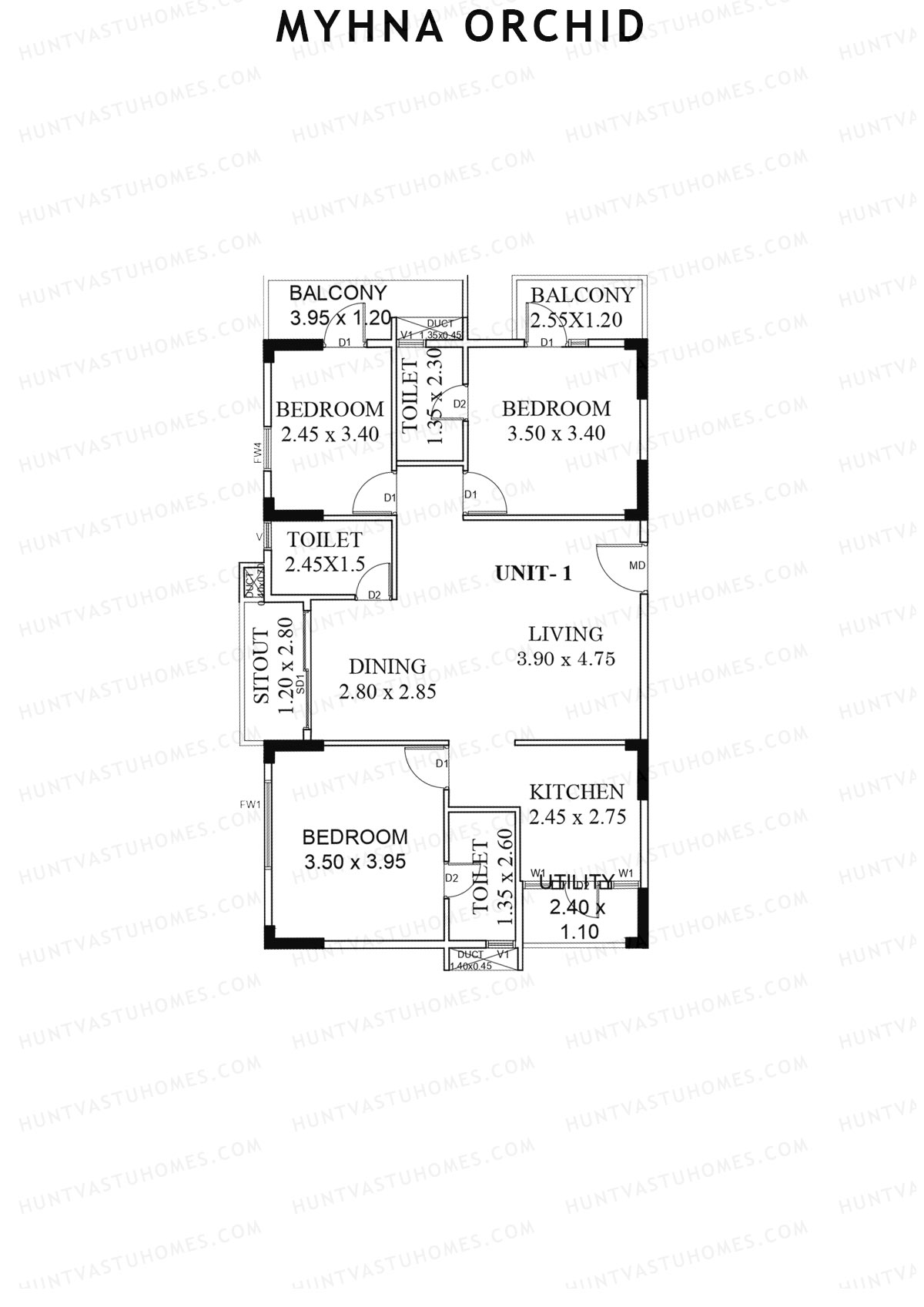 Myhna Orchid, Block 2, Unit 1, 3BHK, Carpet Area 993   sq ft 