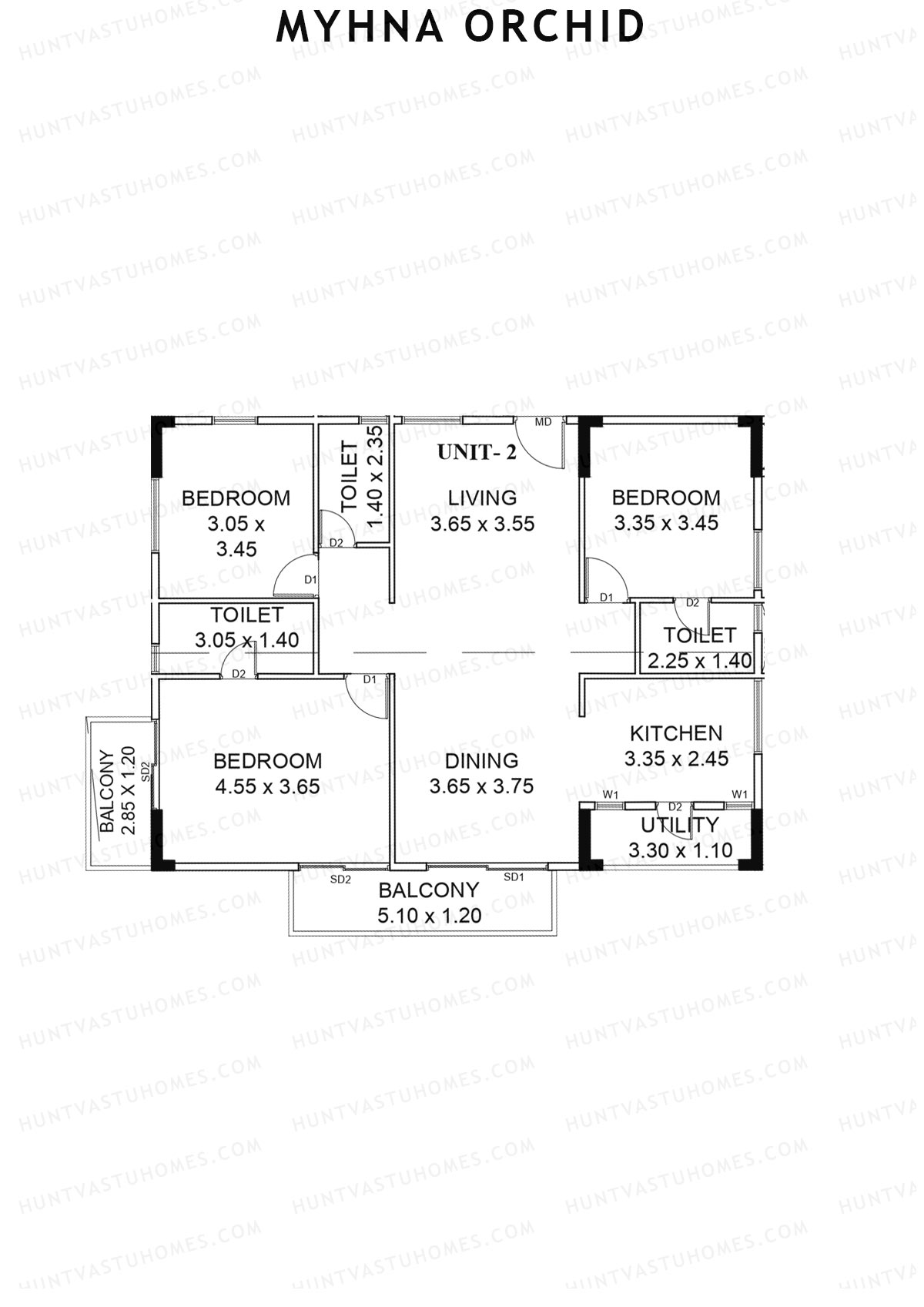 Myhna Orchid, Block 2, Unit 2, 3BHK, Carpet Area 1066   sq ft 