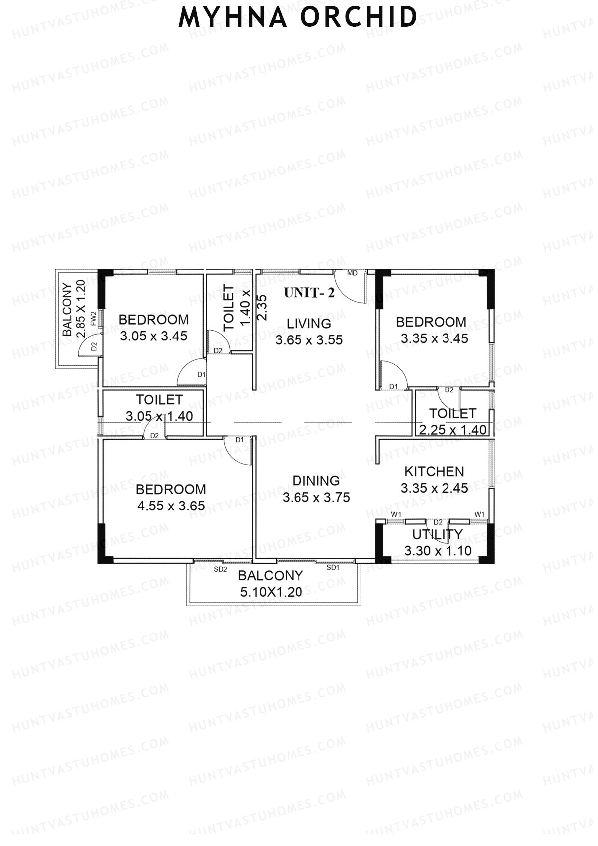 Myhna Orchid, Block 2, Unit 2, 3BHK, Carpet Area 1066   sq ft 