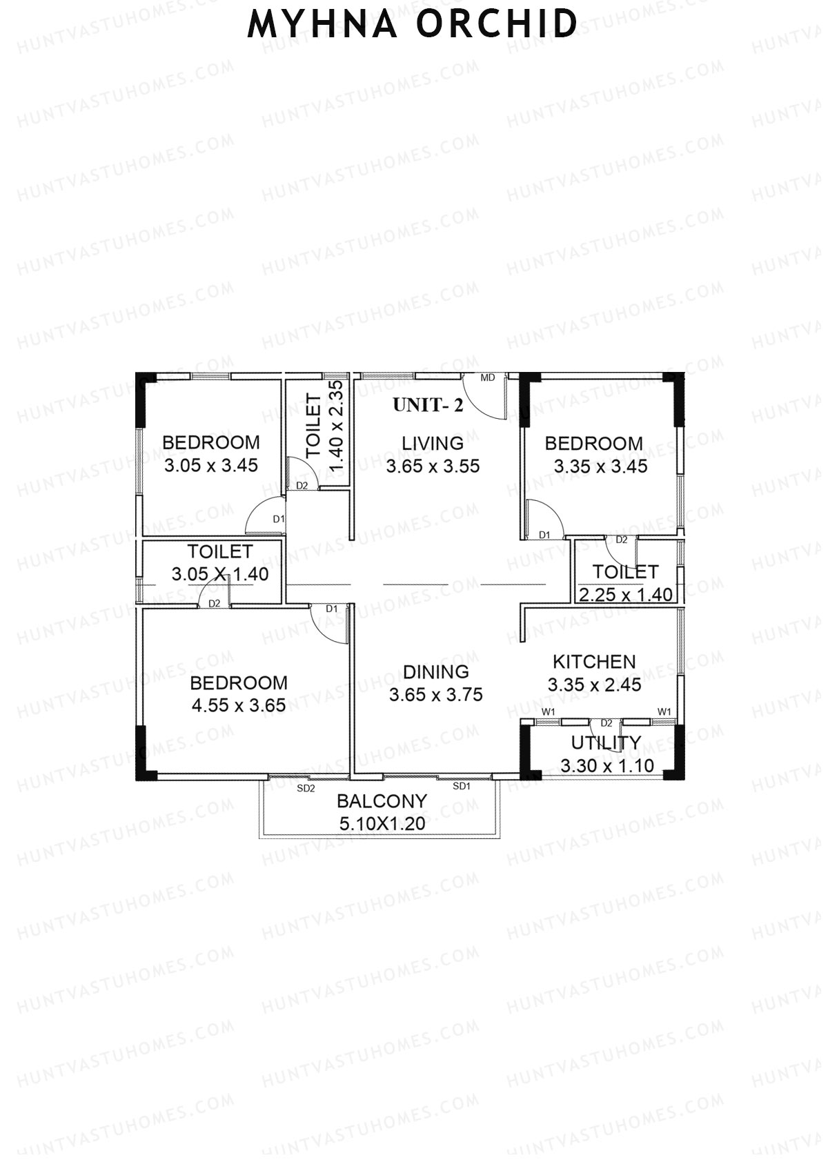Myhna Orchid, Block 2, Unit 2, 3BHK, Carpet Area 1066   sq ft 