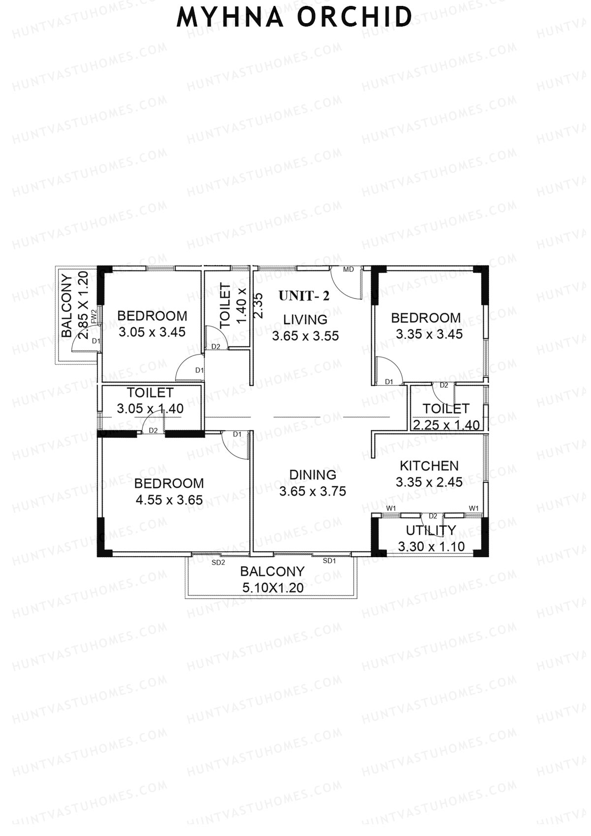 Myhna Orchid, Block 2, Unit 2, 3BHK, Carpet Area 1068   sq ft 