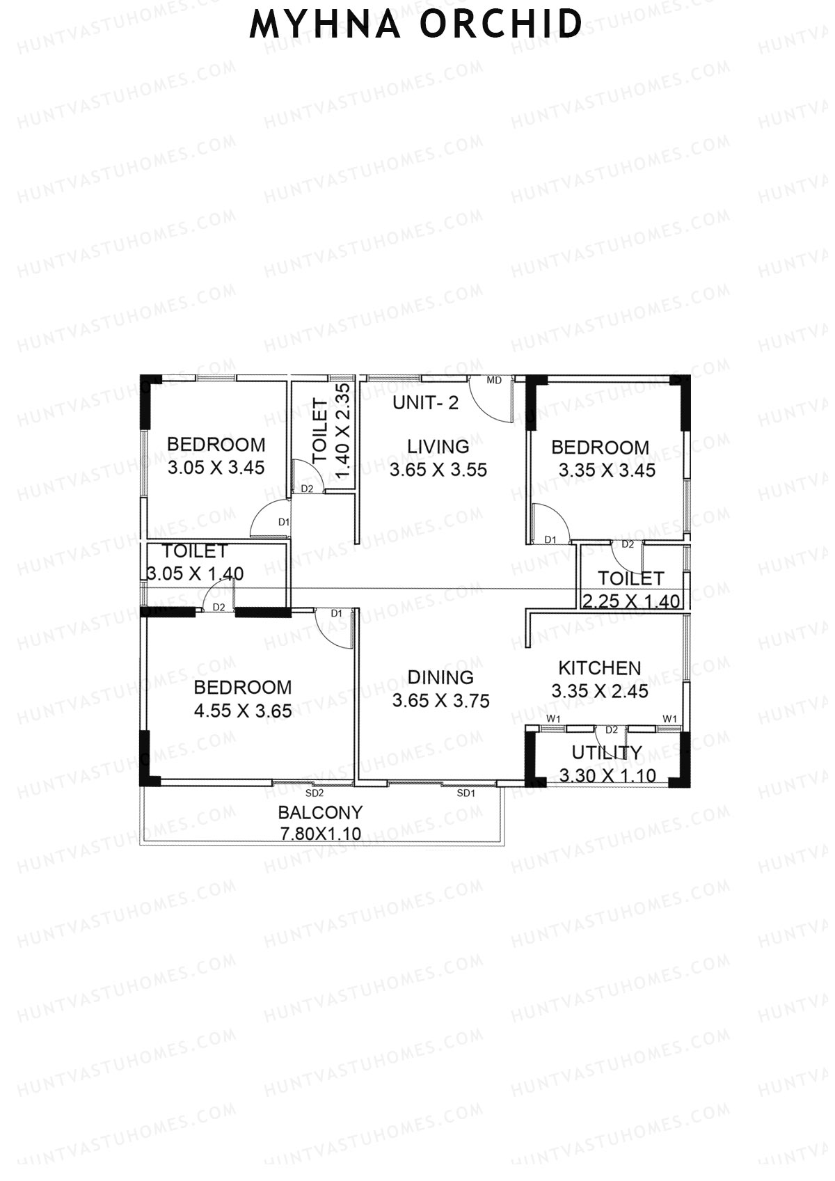 Myhna Orchid, Block 2, Unit 2, 3BHK, Carpet Area 1168   sq ft 