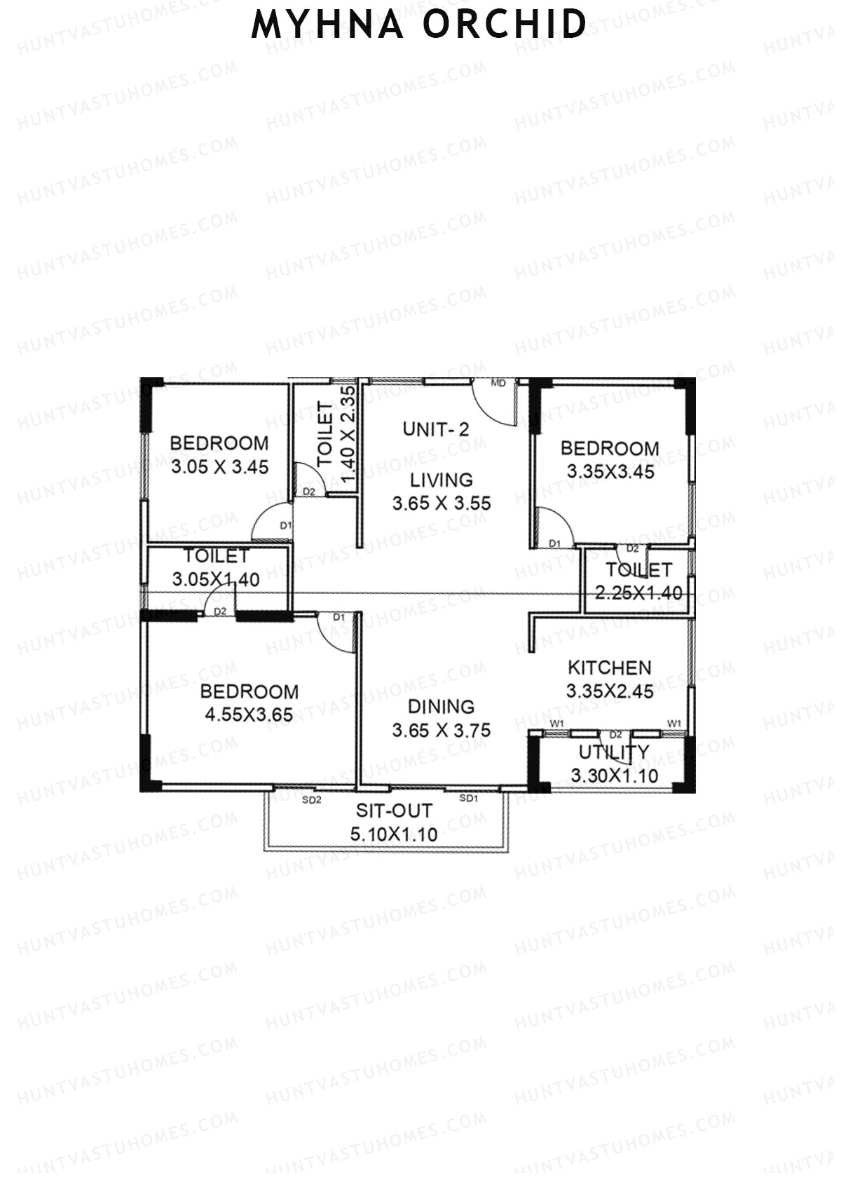 Myhna Orchid, Block 2, Unit 2, 3BHK, Carpet Area 1176   sq ft 
