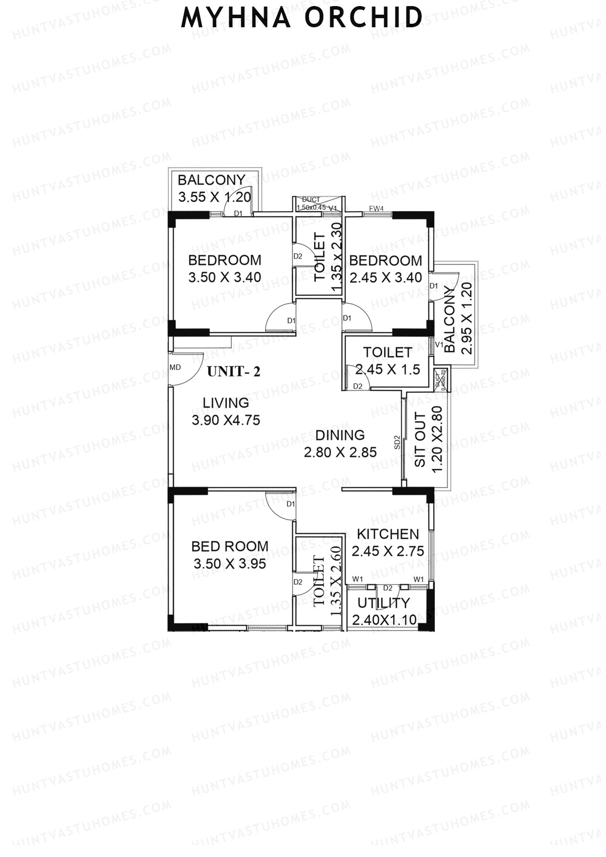 Myhna Orchid, Block 2, Unit 2, 3BHK, Carpet Area 985   sq ft 