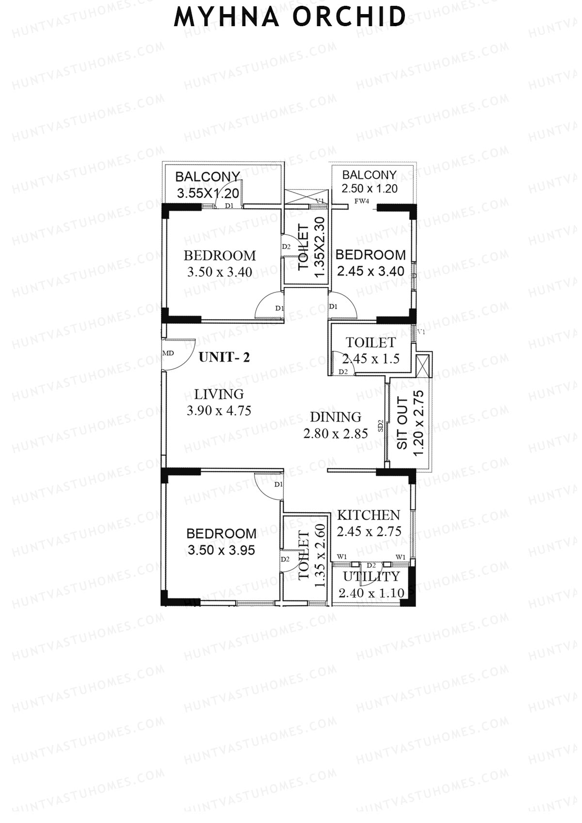 Myhna Orchid, Block 2, Unit 2, 3BHK, Carpet Area 988   sq ft 