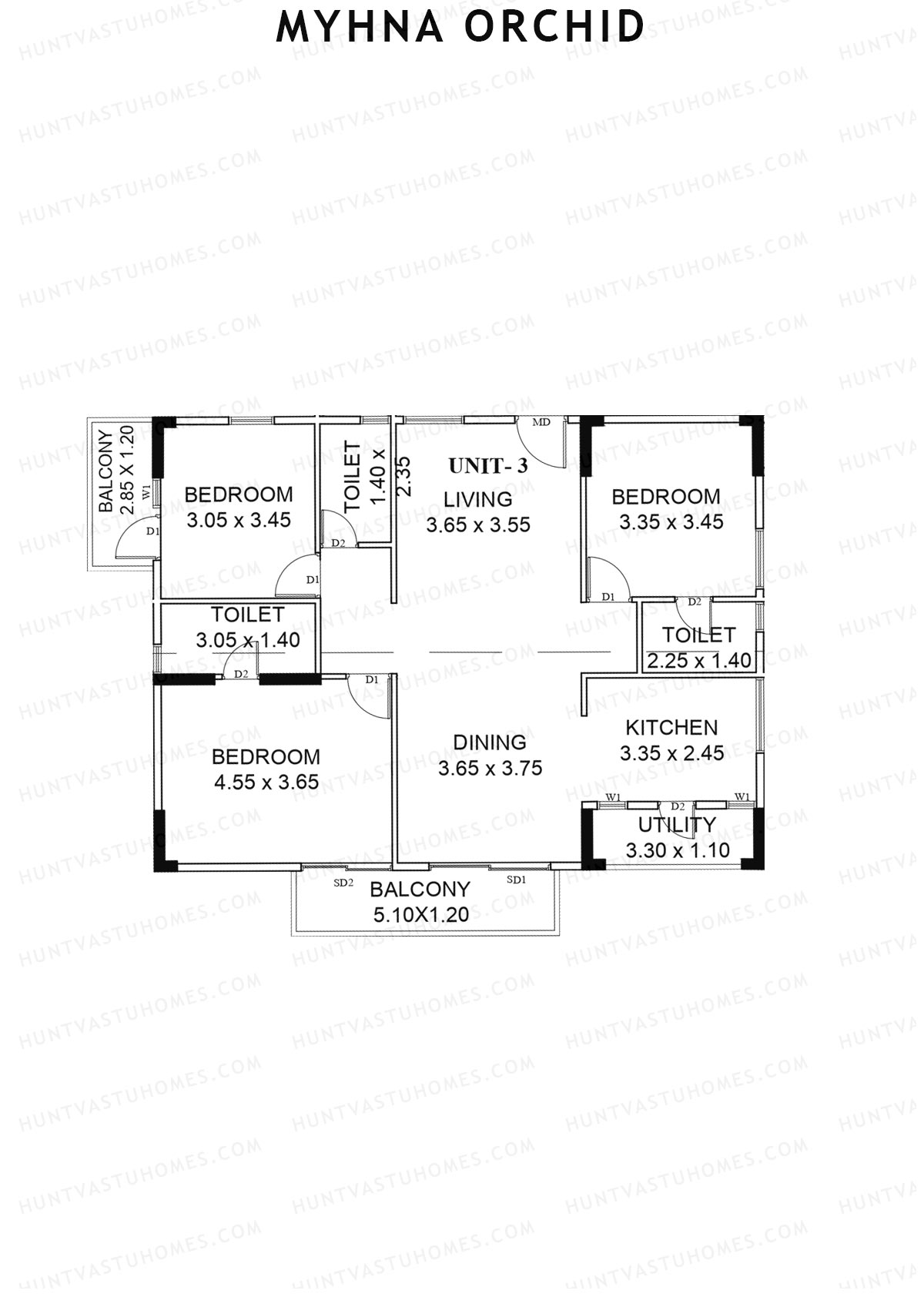 Myhna Orchid, Block 2, Unit 3, 3BHK, Carpet Area 1066   sq ft 
