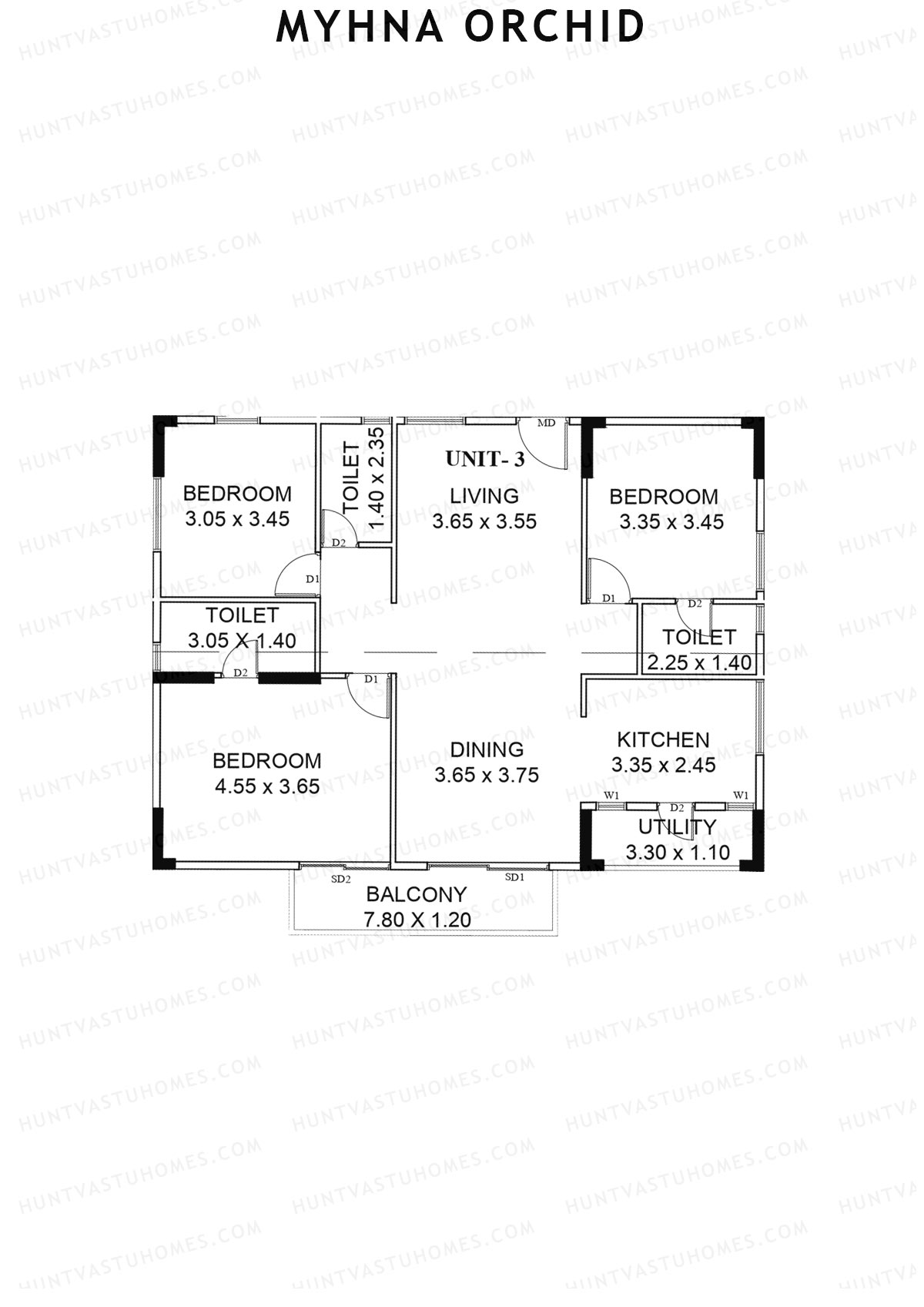 Myhna Orchid, Block 2, Unit 3, 3BHK, Carpet Area 1068   sq ft 