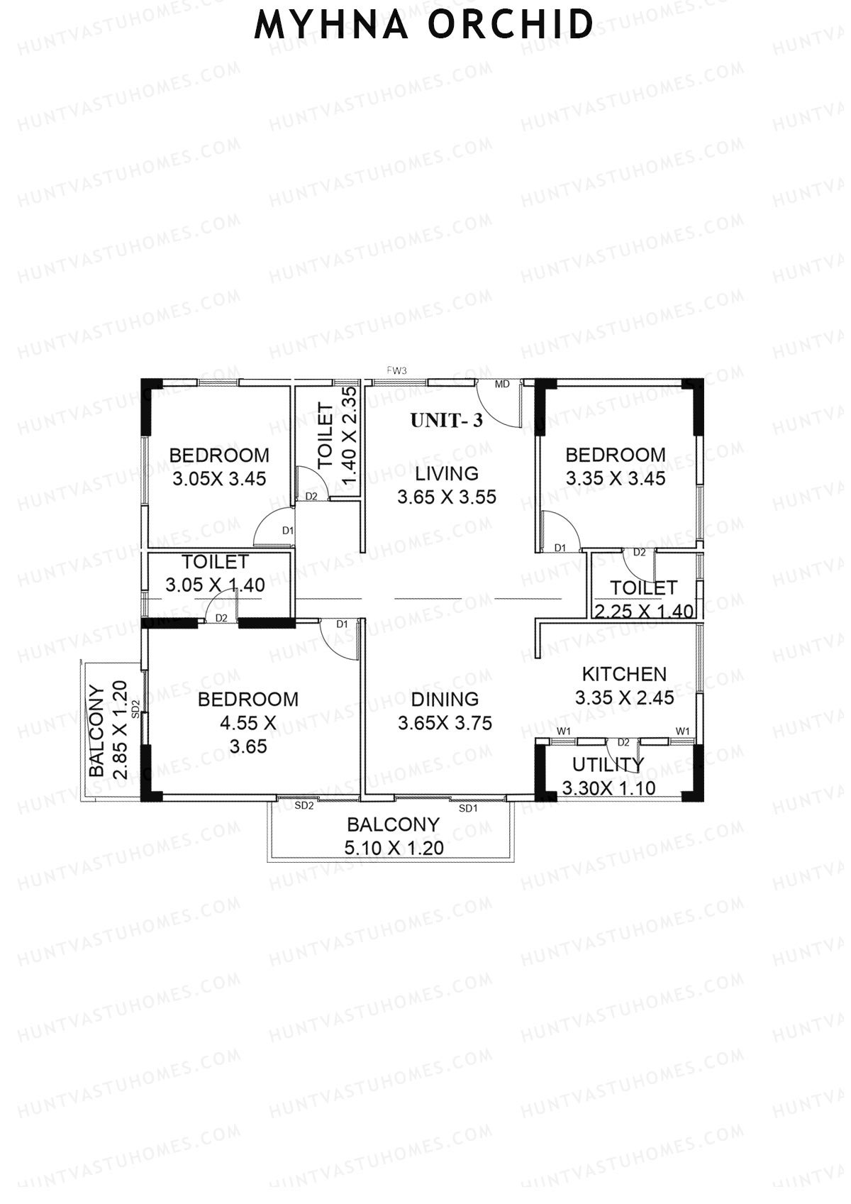 Myhna Orchid, Block 2, Unit 3, 3BHK, Carpet Area 1174   sq ft 