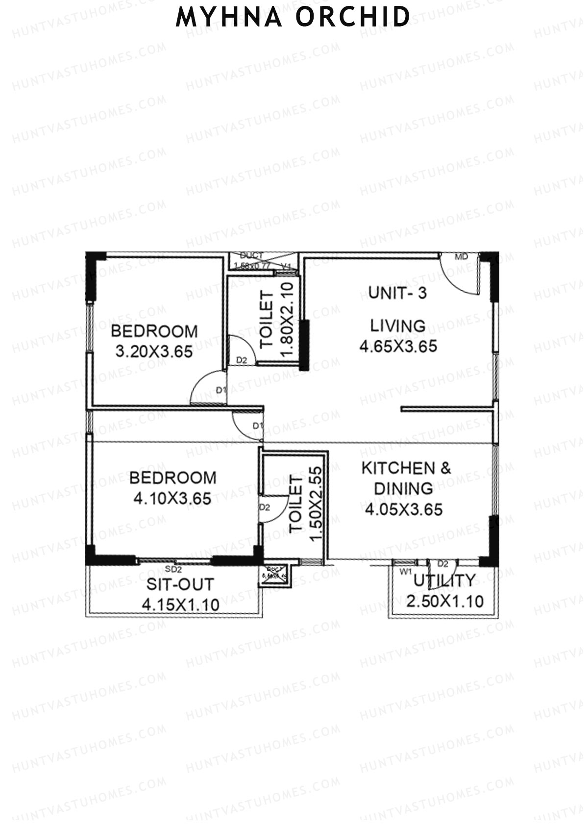 Myhna Orchid, Block 2, Unit 3, 2BHK, Carpet Area 845   sq ft 