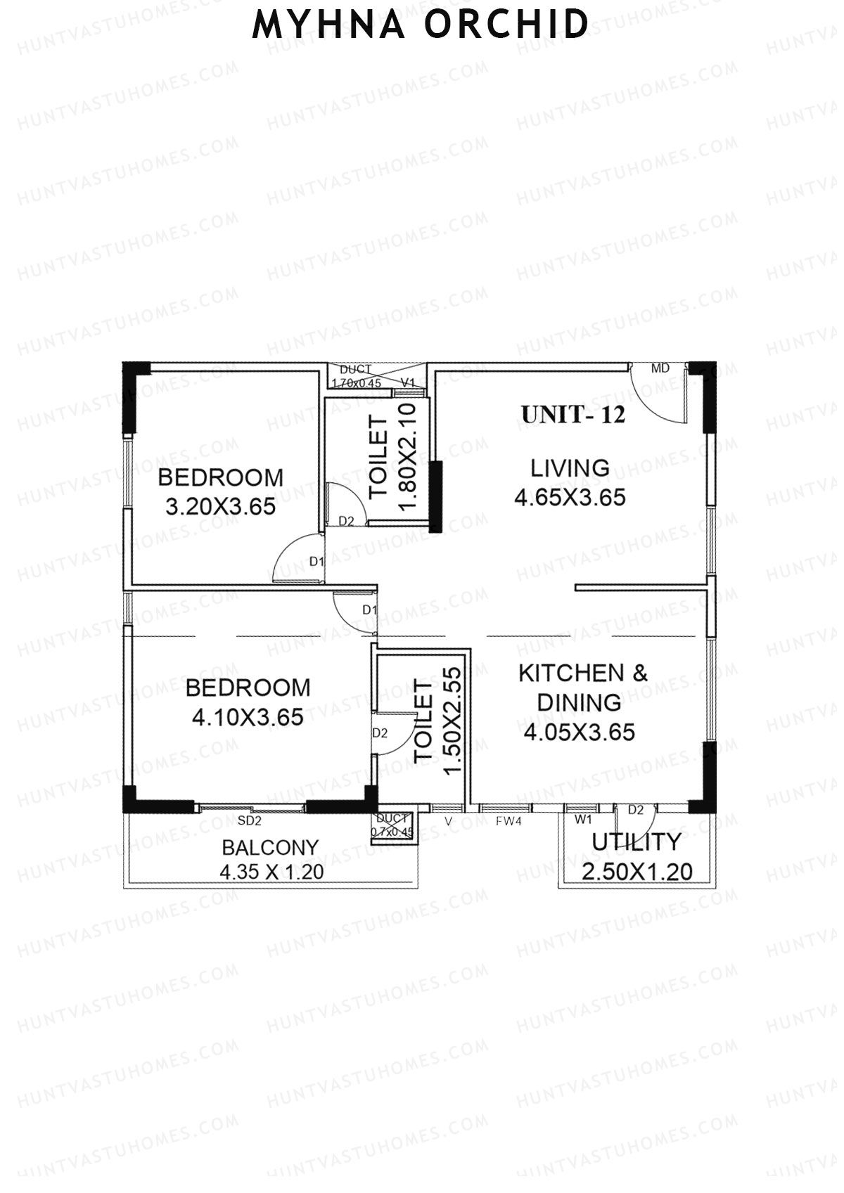 Myhna Orchid, Block 2, Unit 3, 2BHK, Carpet Area 856   sq ft 