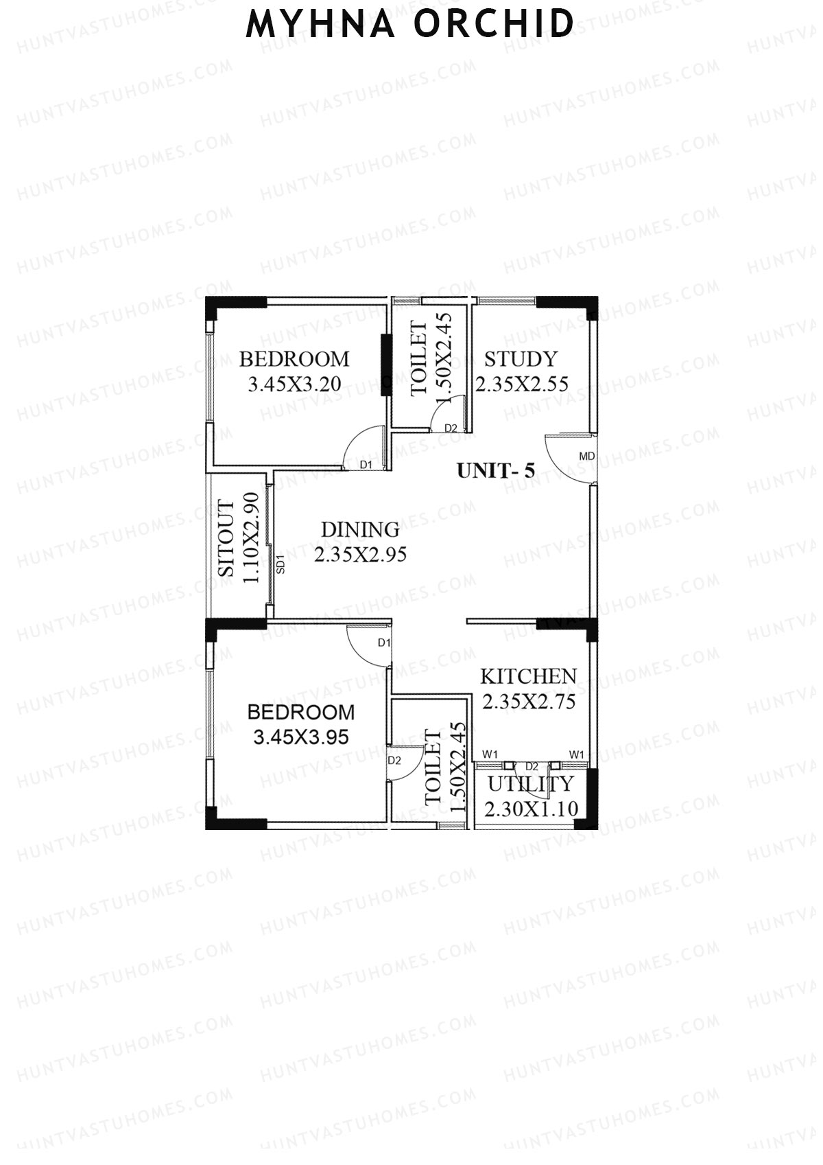 Myhna Orchid, Block 2, Unit 5, 2BHK, Carpet Area 809   sq ft 