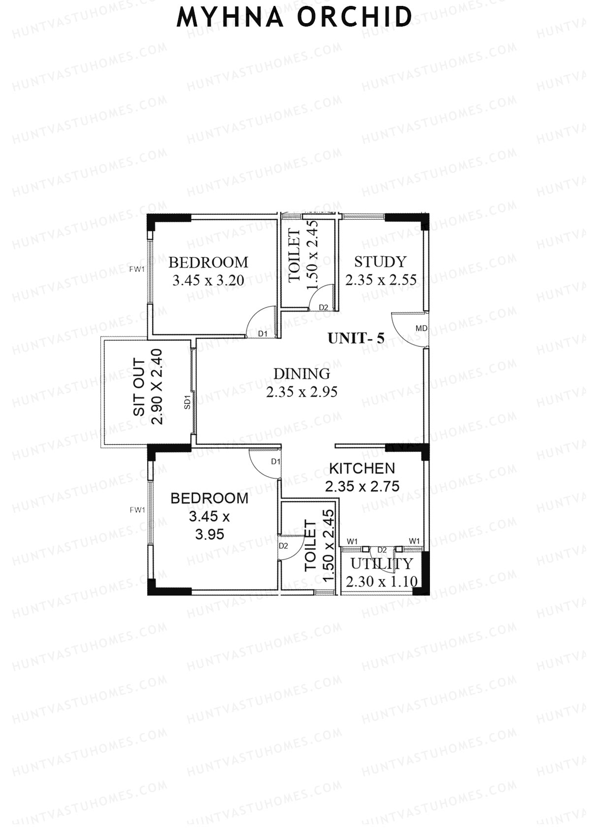 Myhna Orchid, Block 2, Unit 5, 2BHK, Carpet Area 809   sq ft 