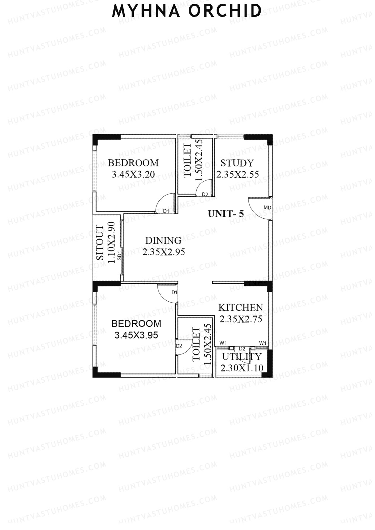 Myhna Orchid, Block 2, Unit 5, 2BHK, Carpet Area 809   sq ft 