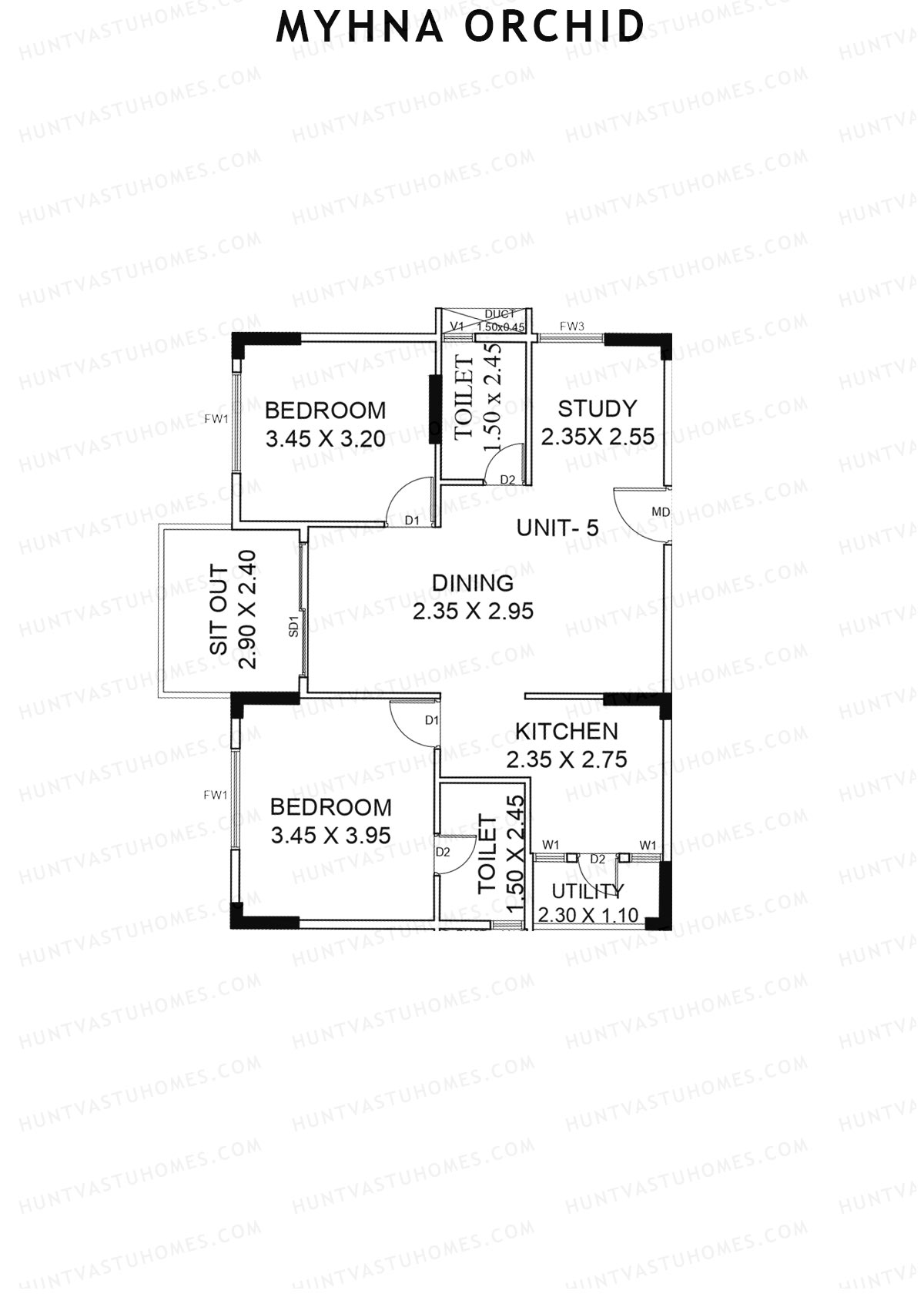 Myhna Orchid, Block 2, Unit 5, 2BHK, Carpet Area 804   sq ft 
