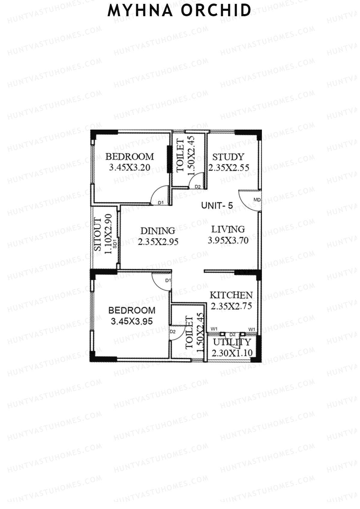 Myhna Orchid, Block 2, Unit 5, 2BHK, Carpet Area 809   sq ft 