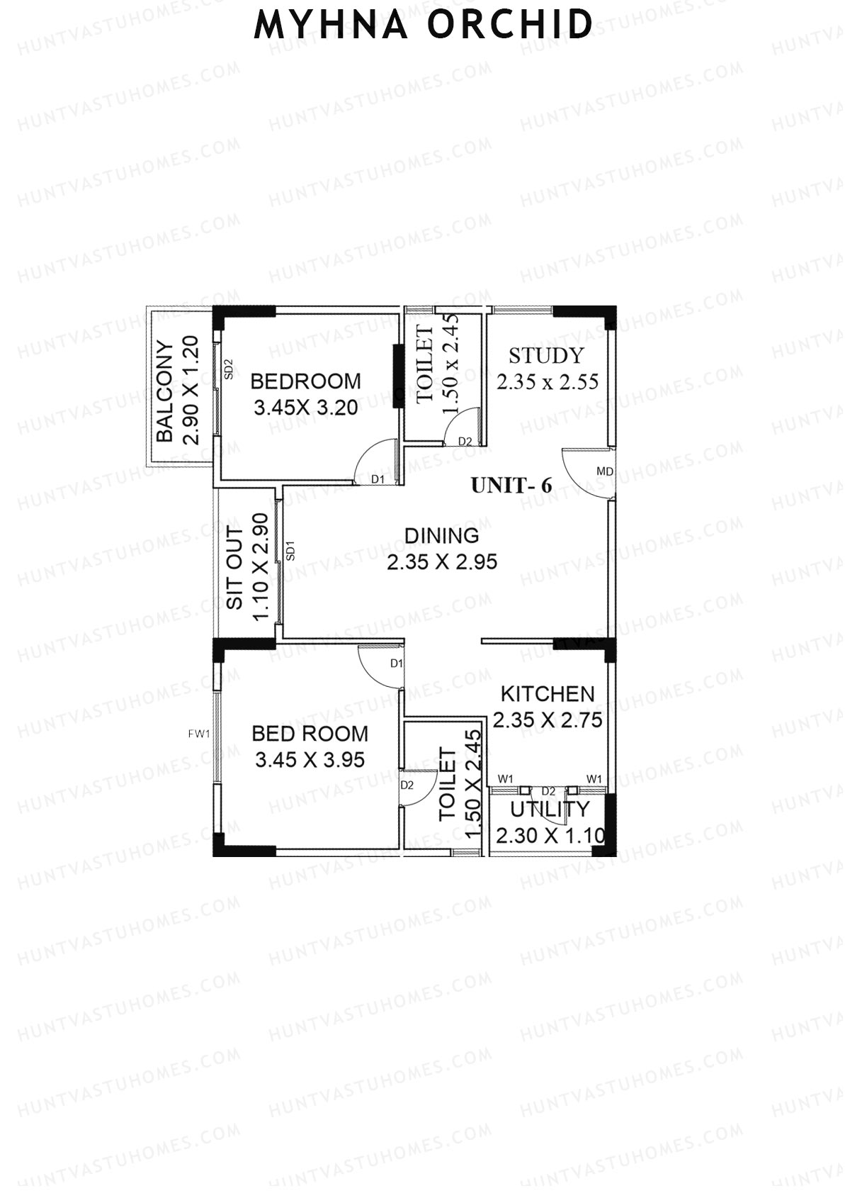 Myhna Orchid, Block 2, Unit 6, 2BHK, Carpet Area 809   sq ft 