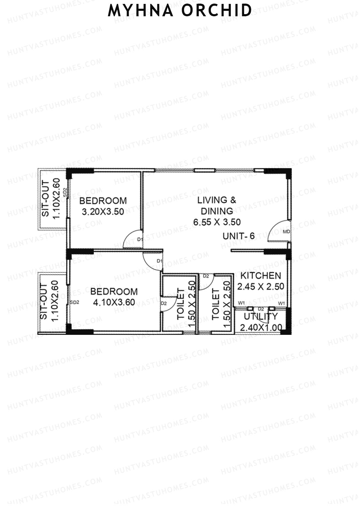 Myhna Orchid, Block 2, Unit 6, 2BHK, Carpet Area 898   sq ft 