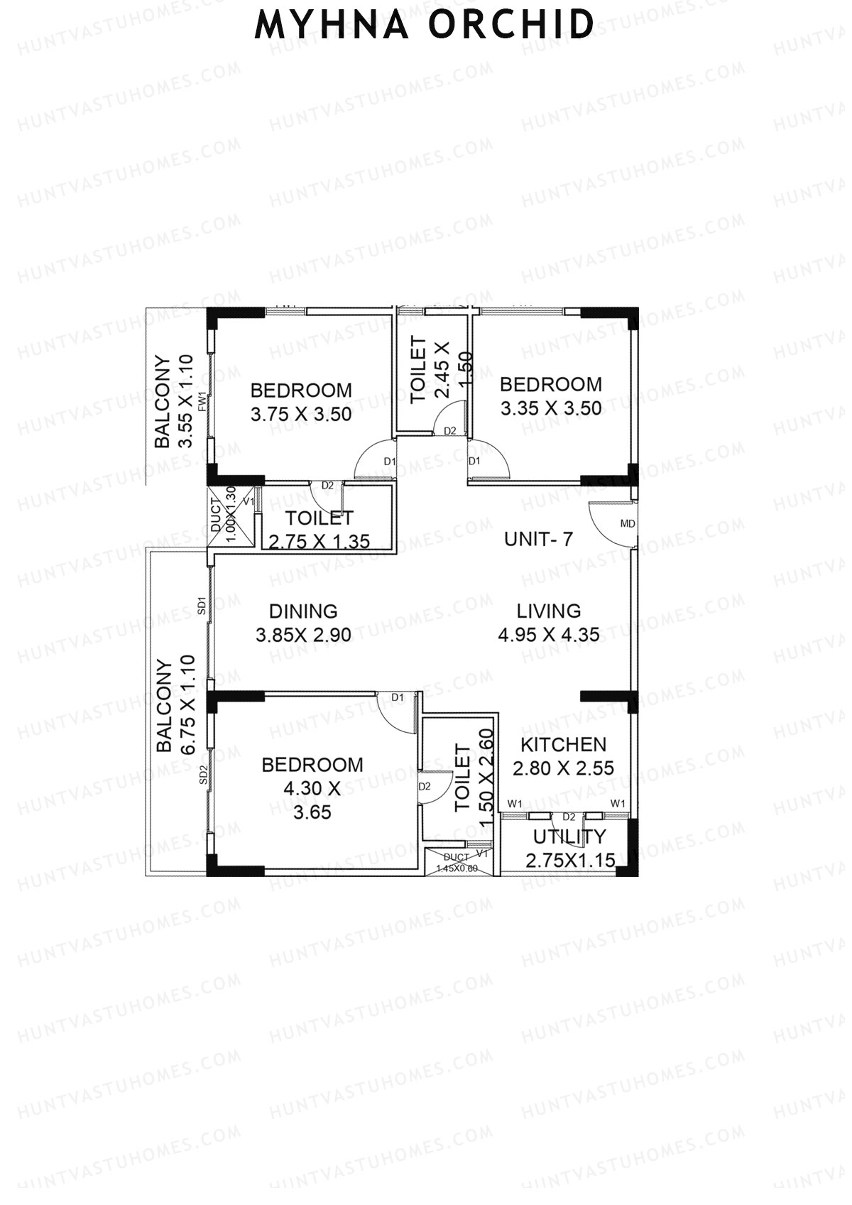 Myhna Orchid, Block 2, Unit 7, 3BHK, Carpet Area 1242   sq ft 