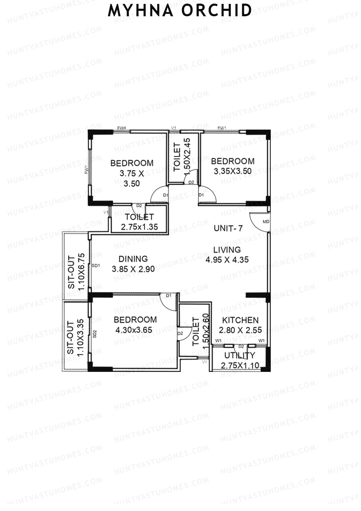 Myhna Orchid, Block 2, Unit 7, 3BHK, Carpet Area 1250   sq ft 