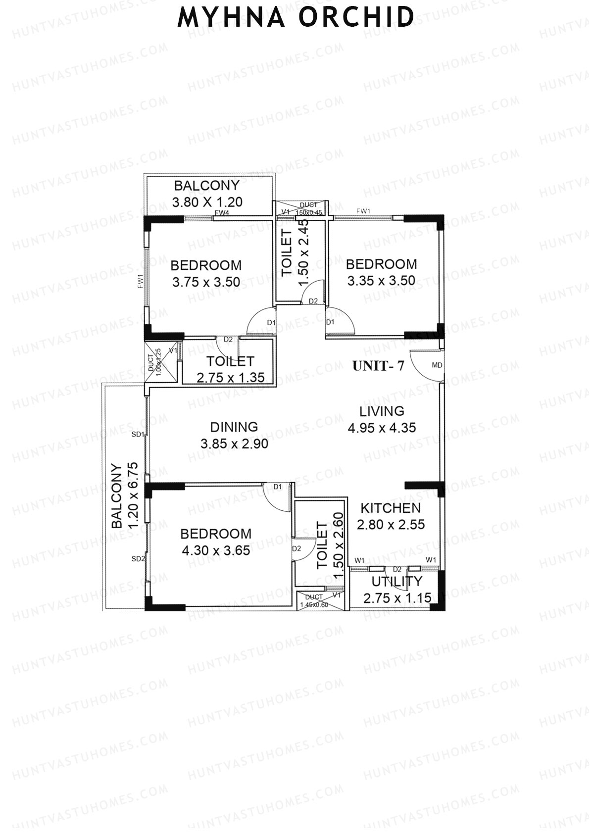 Myhna Orchid, Block 2, Unit 7, 3BHK, Carpet Area 1259   sq ft 