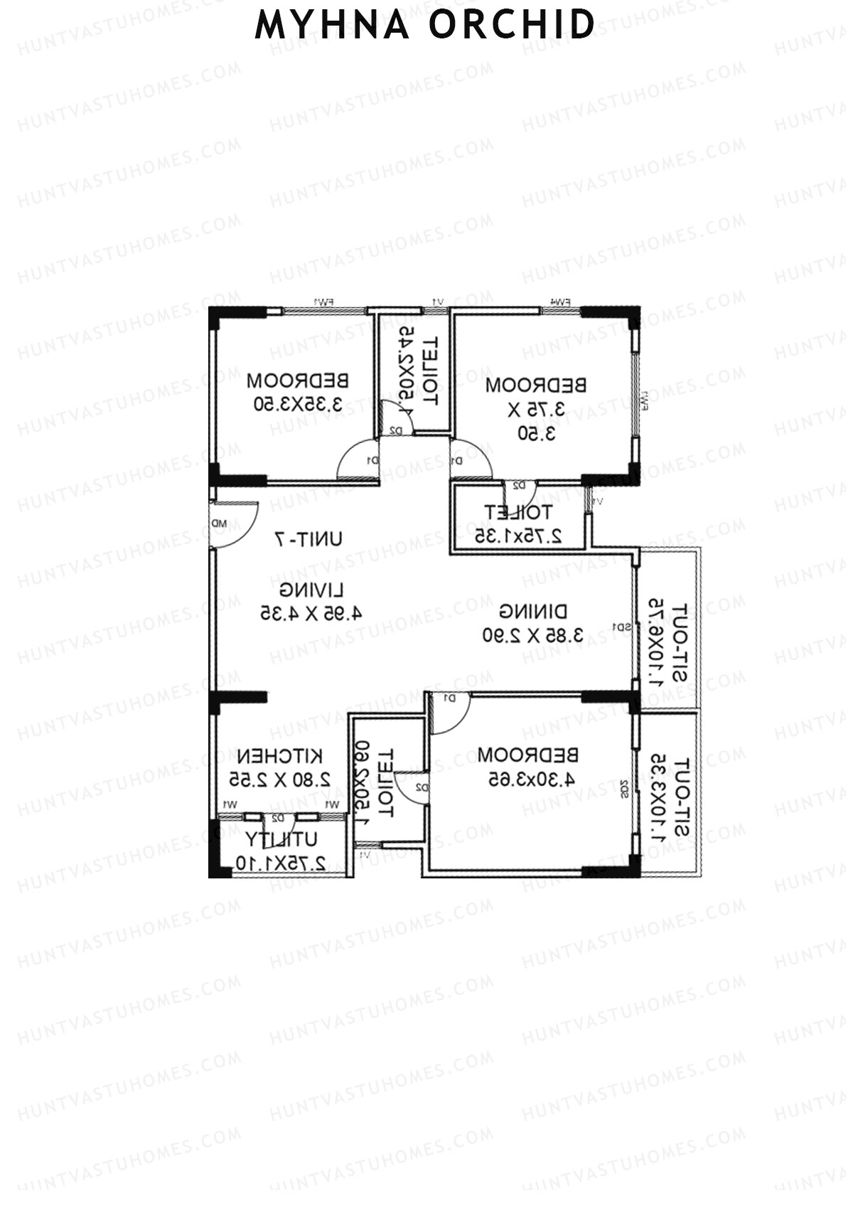 Myhna Orchid, Block 2, Unit 8, 3BHK, Carpet Area 1250   sq ft 