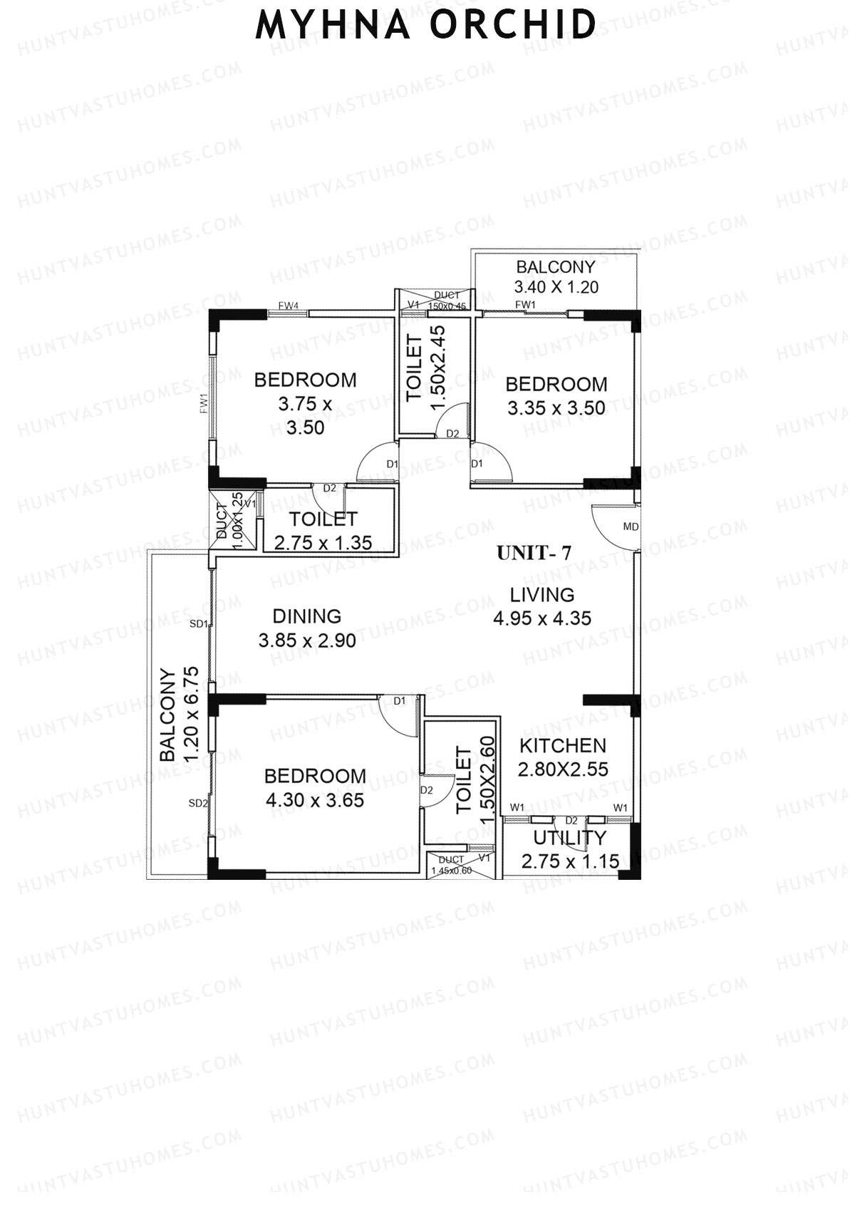 Myhna Orchid, Block 2, Unit 8, 3BHK, Carpet Area 1259   sq ft 
